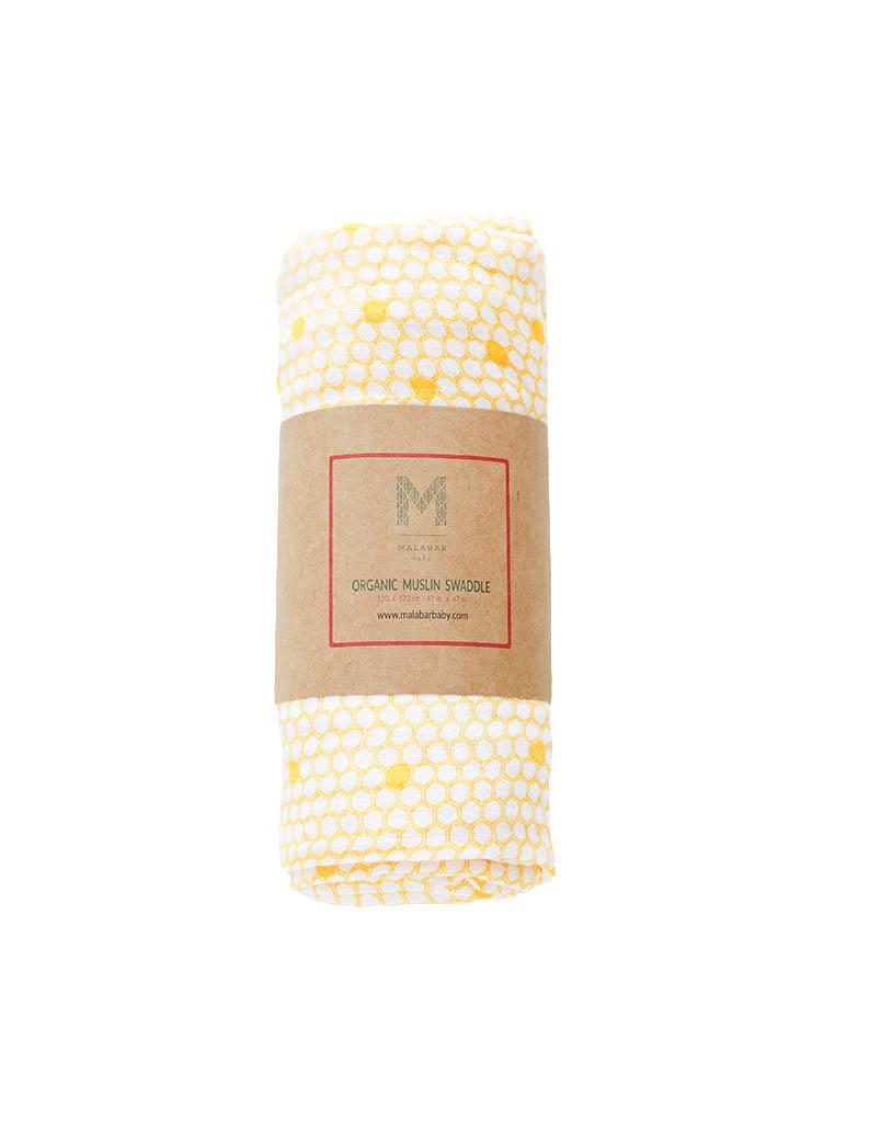 A soft and breathable organic cotton swaddle in a stylish hive pattern, perfect for wrapping babies comfortably.