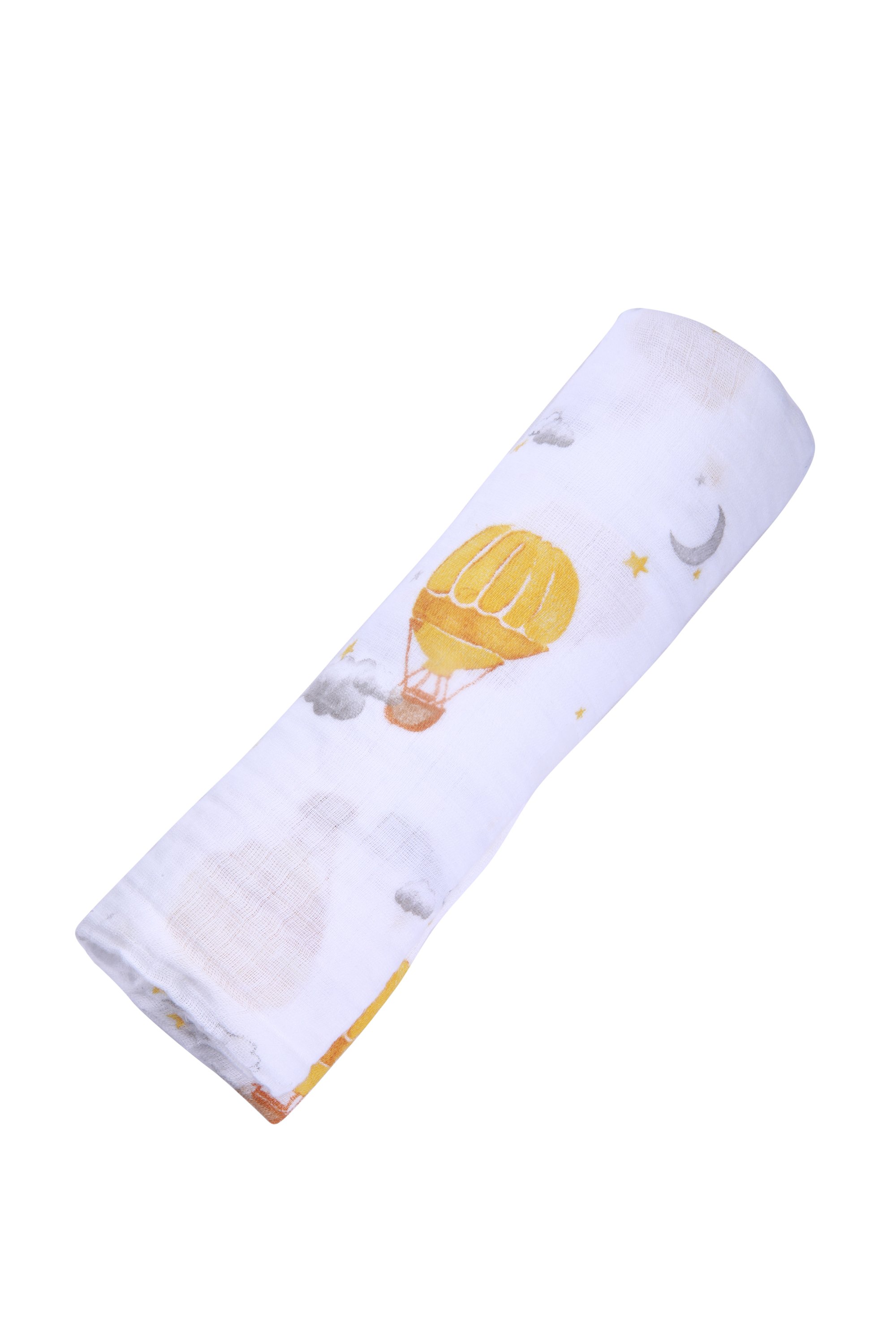 Organic cotton swaddle featuring a colorful hot air balloon design, soft and breathable fabric, perfect for babies.
