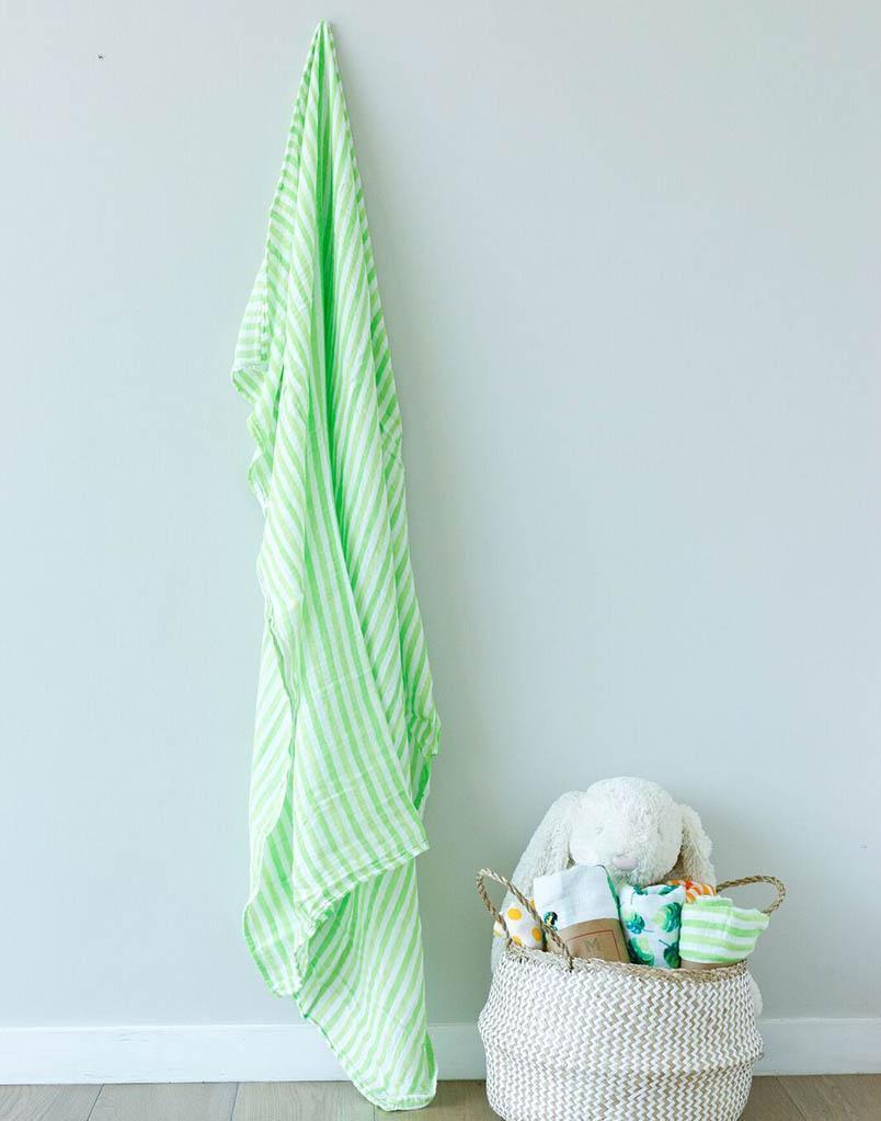 Organic Swaddle Set featuring Avocado and Lime Green Stripes, made of soft cotton, perfect for babies.