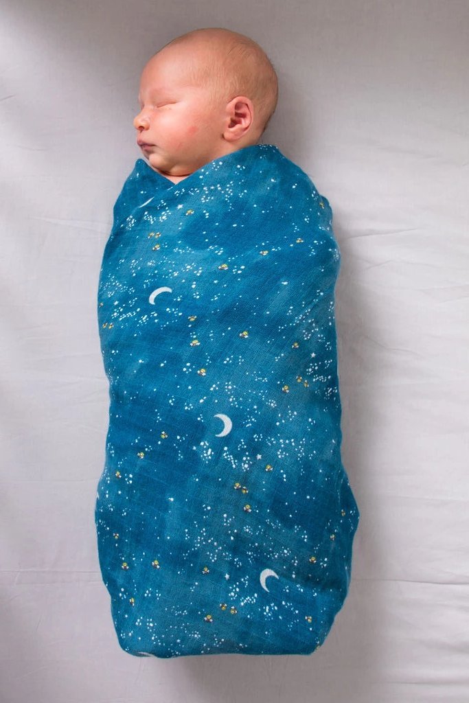 Organic Swaddle Set featuring starry night and hot air balloon designs, made from soft cotton, perfect for baby comfort.