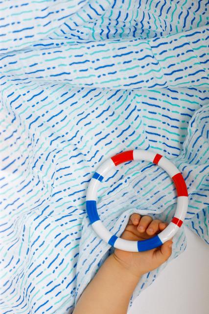 Organic Swaddle Set in Shades of Blue featuring chevron and dotty designs, made from soft cotton, perfect for baby snuggling.