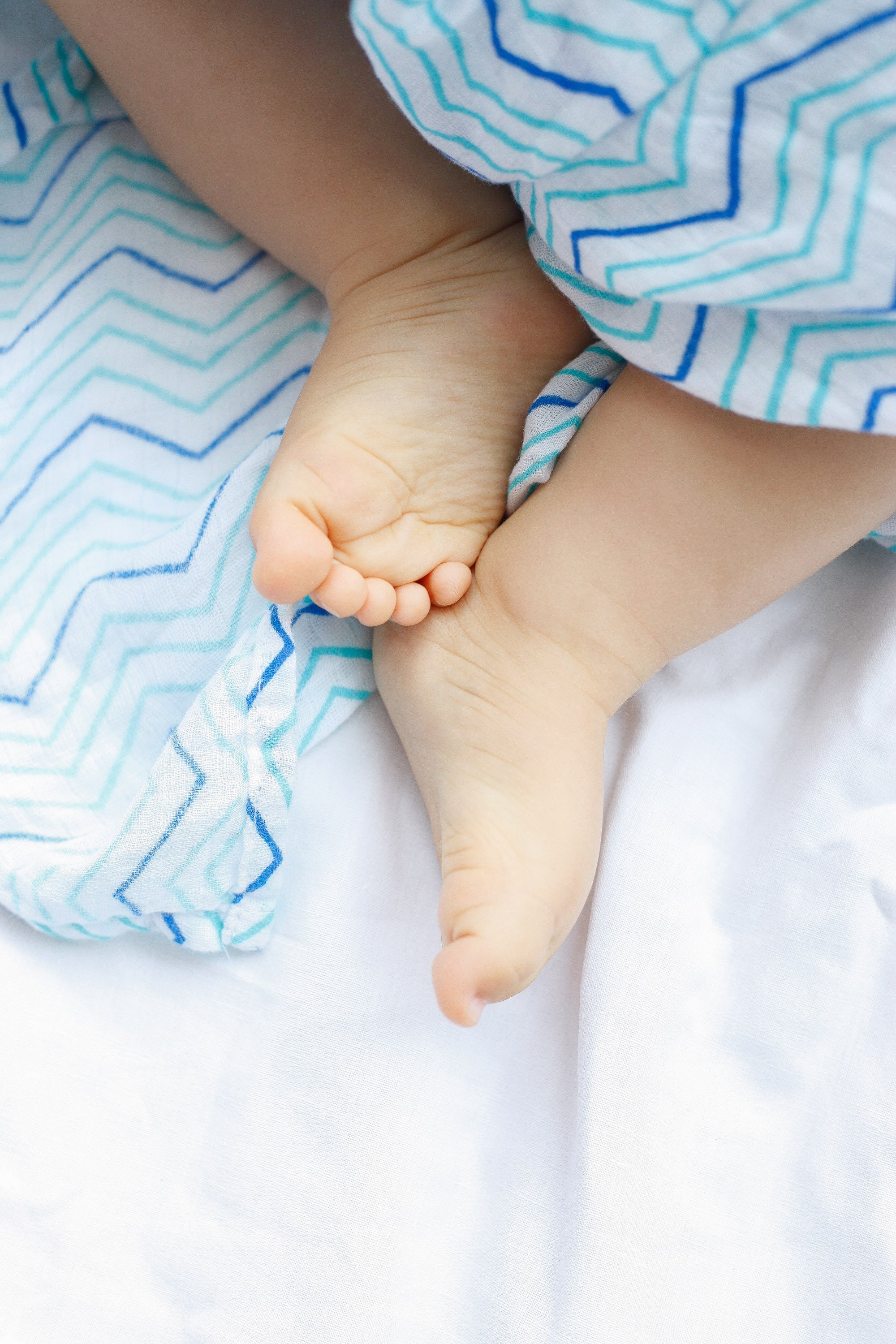 Organic Swaddle Set in Shades of Blue featuring chevron and dotty designs, made from soft cotton, perfect for baby snuggling.