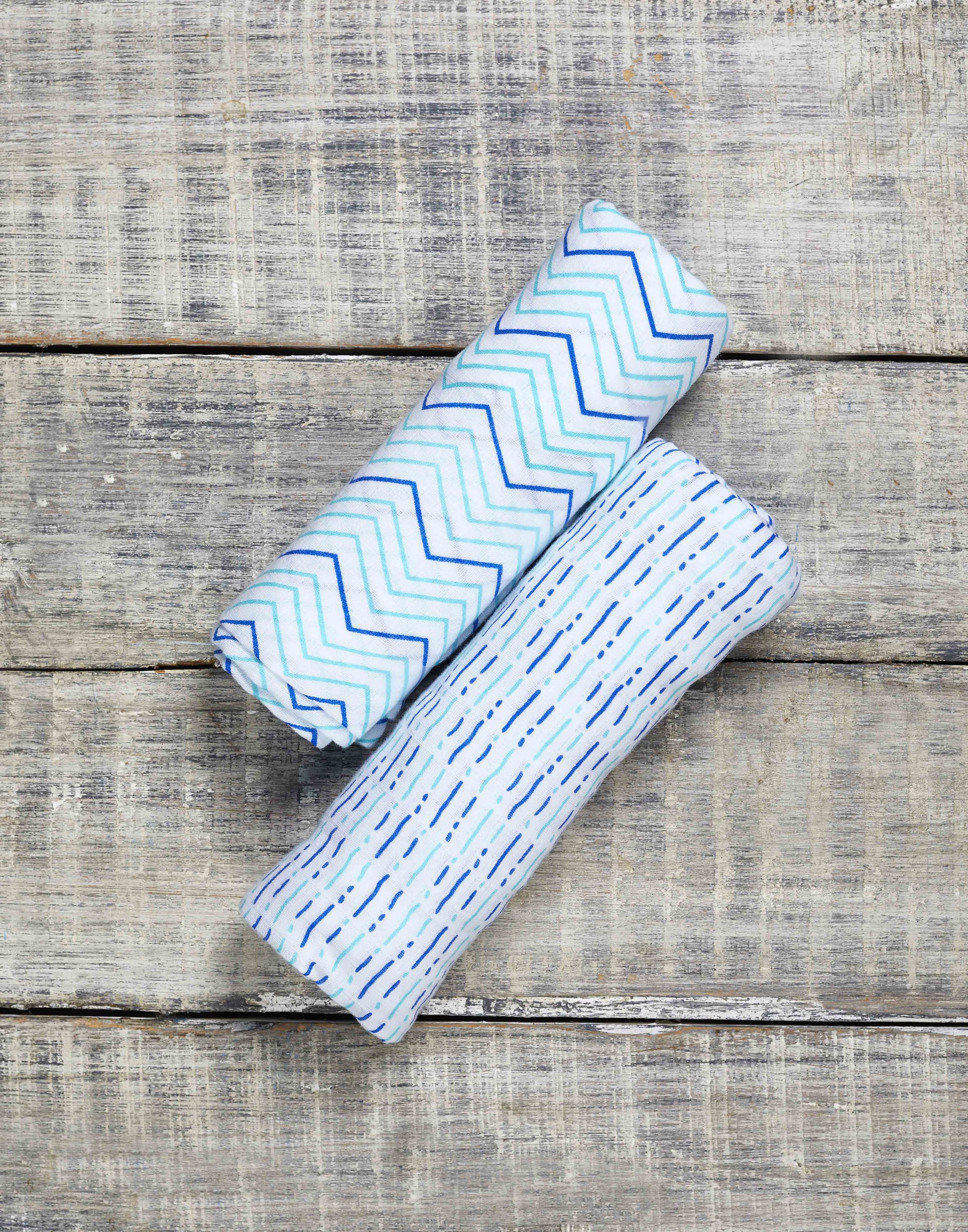 Organic Swaddle Set in Shades of Blue featuring chevron and dotty designs, made from soft cotton, perfect for baby snuggling.