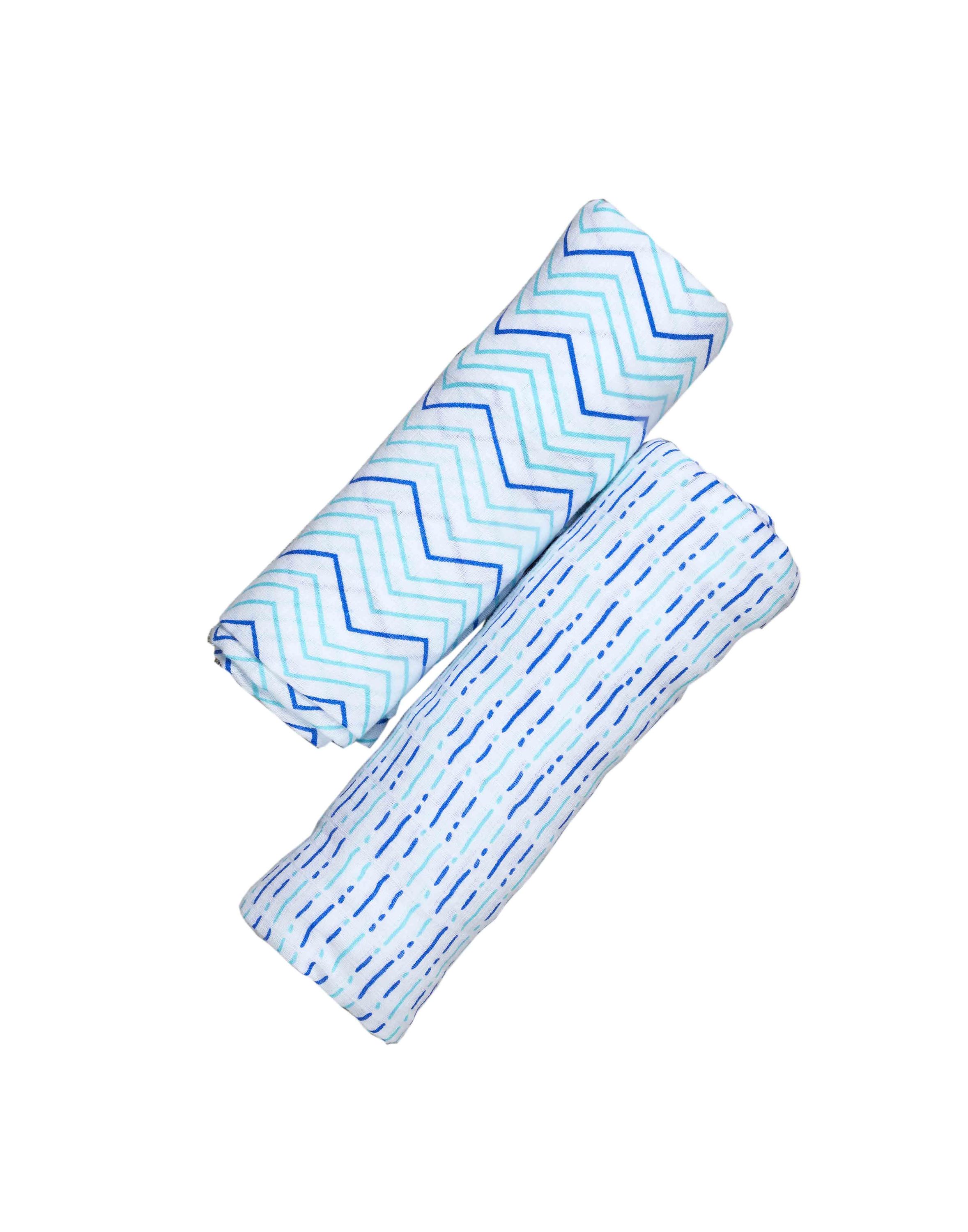 Organic Swaddle Set in Shades of Blue featuring chevron and dotty designs, made from soft cotton, perfect for baby snuggling.
