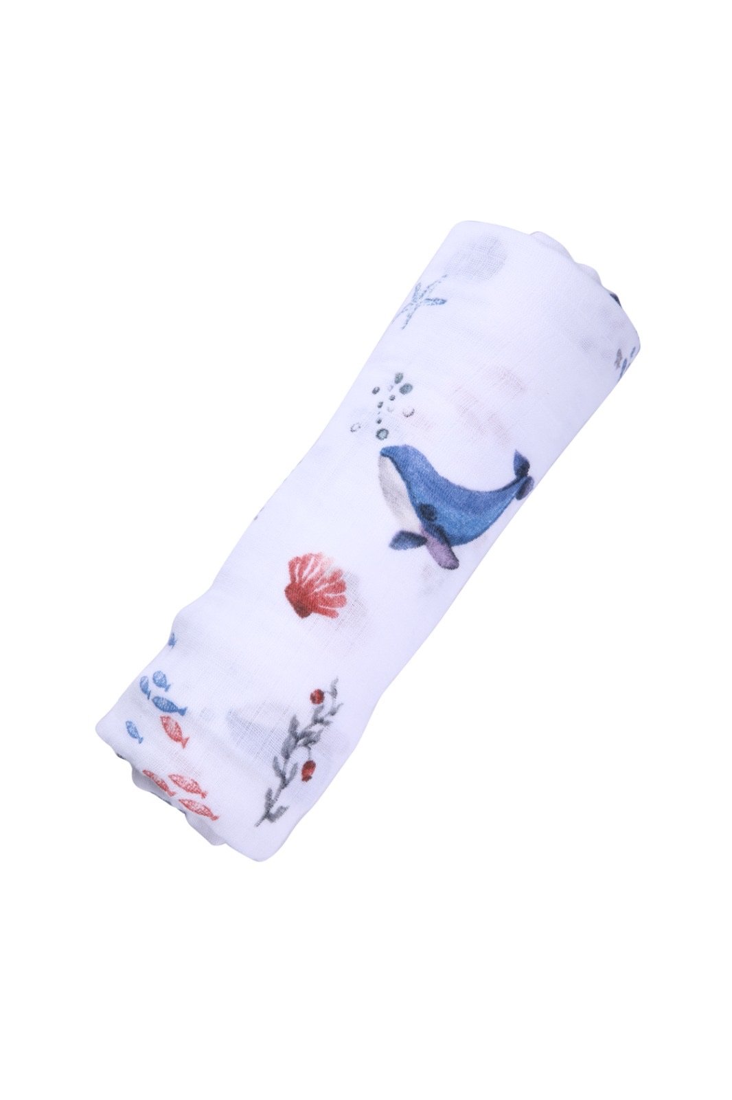 Organic Swaddle featuring an Under the Sea design with sea creatures, made from soft GOTS certified organic cotton.