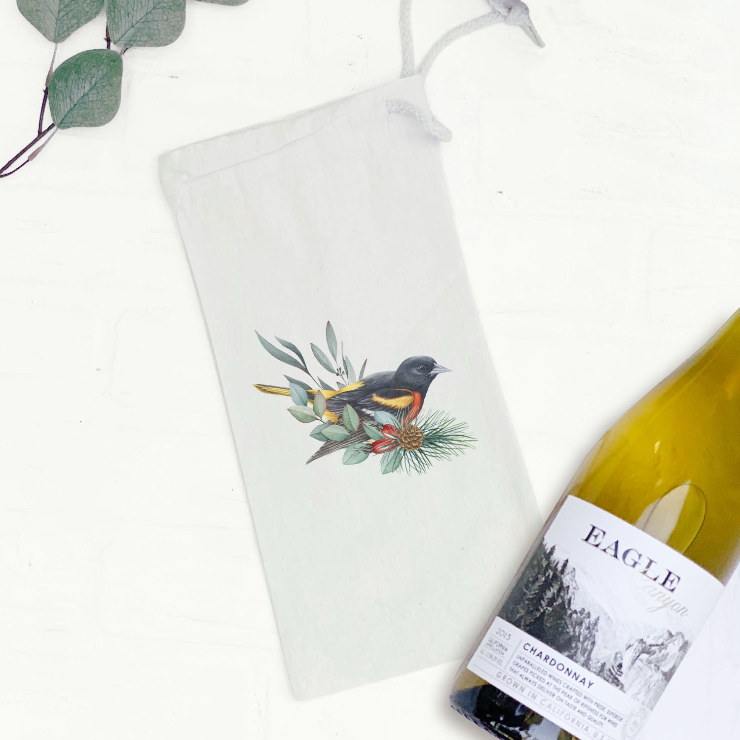 Oriole Canvas Wine Bag featuring a fall bird design, made from 100% cotton canvas, ideal for holding a 750mL wine bottle.