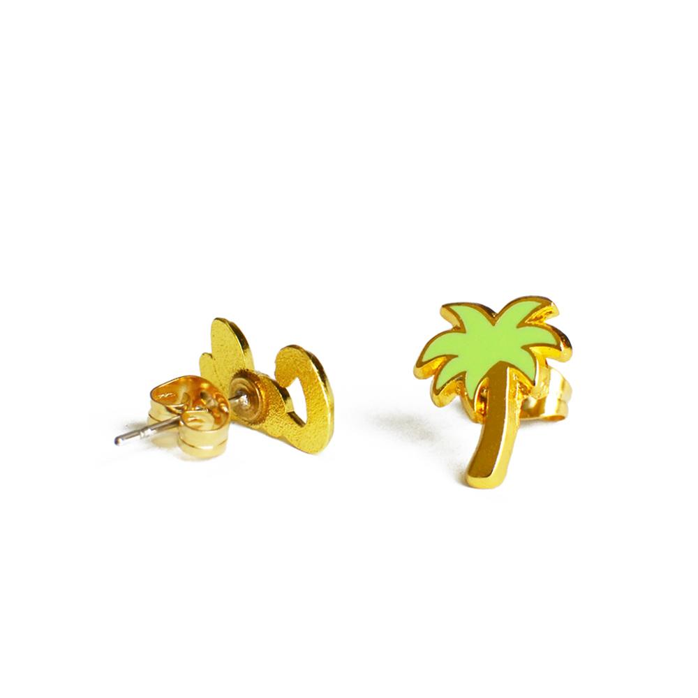 A pair of stylish Palm Tree & Cali Earrings made of hard enamel, featuring a palm tree design and a butterfly stopper.