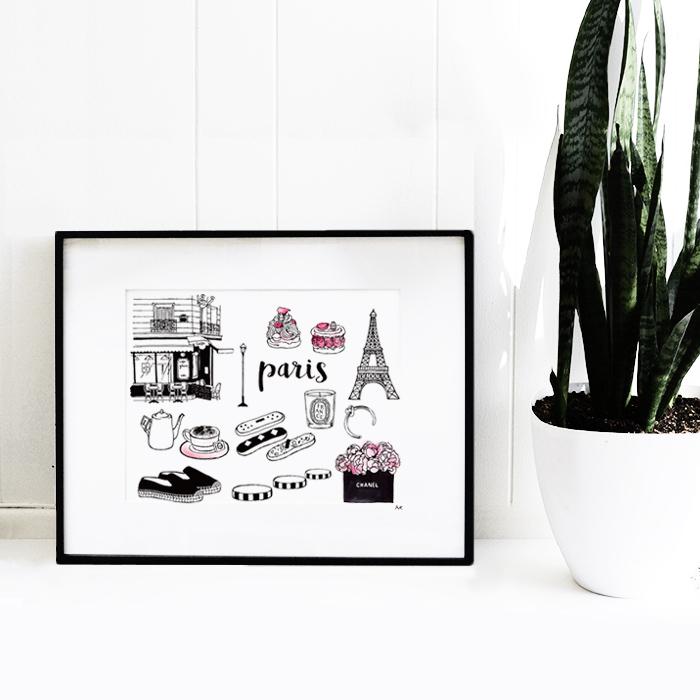 A beautiful Paris Art Print featuring iconic Parisian landmarks, printed on high-quality paper.