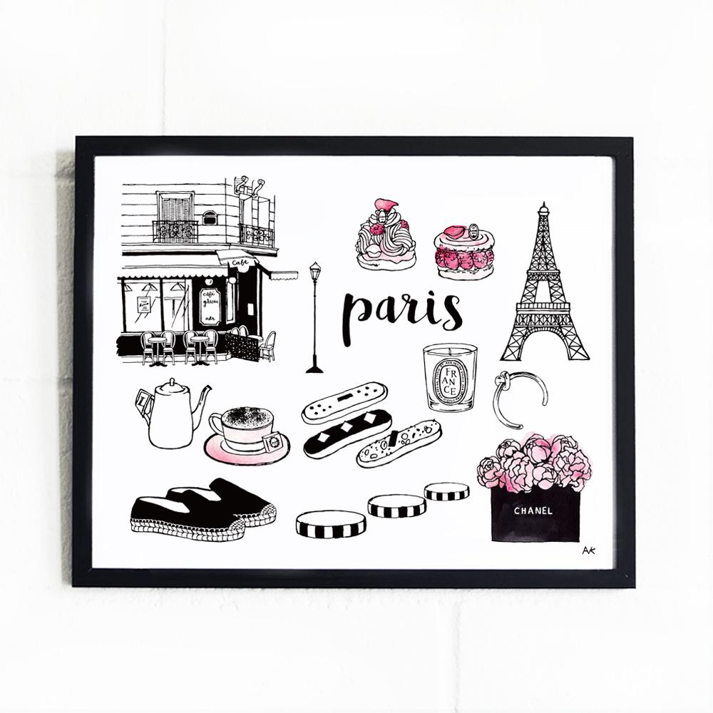A beautiful Paris Art Print featuring iconic Parisian landmarks, printed on high-quality paper.