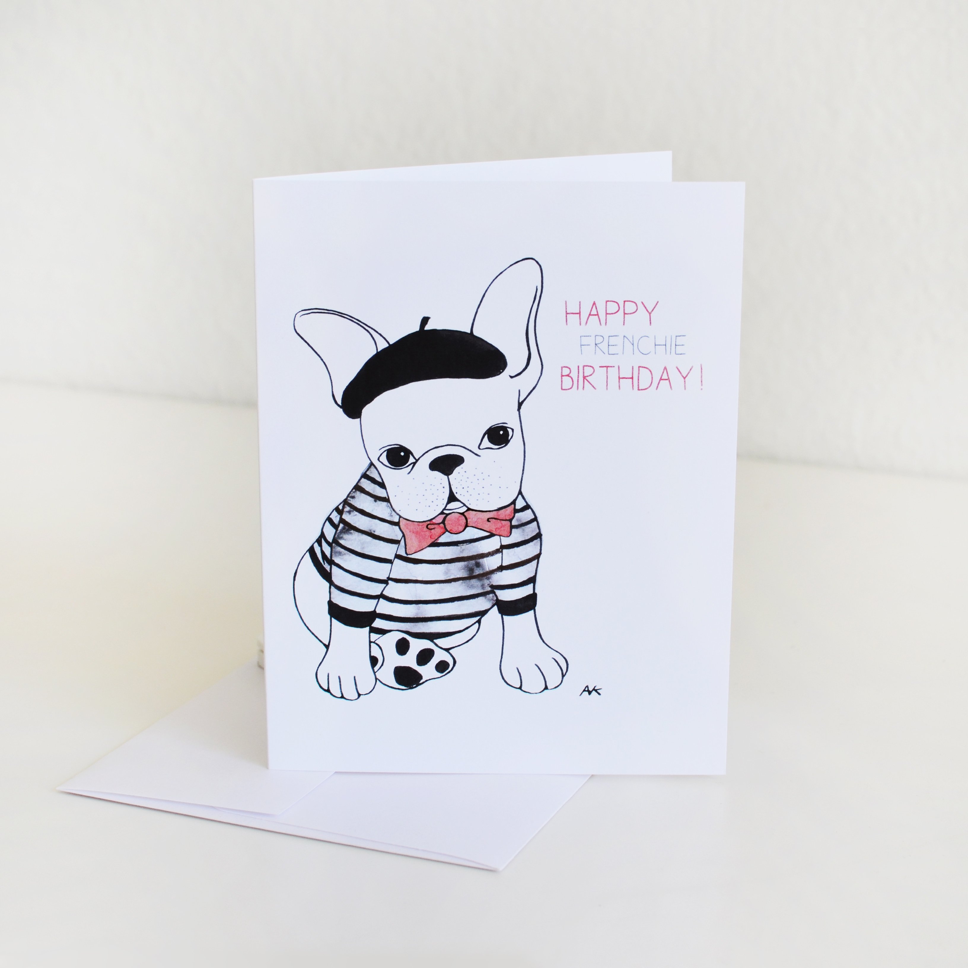 A beautifully designed Parisian French Bulldog Birthday Card with a crystal metallic envelope, showcasing a cute French Bulldog illustration.