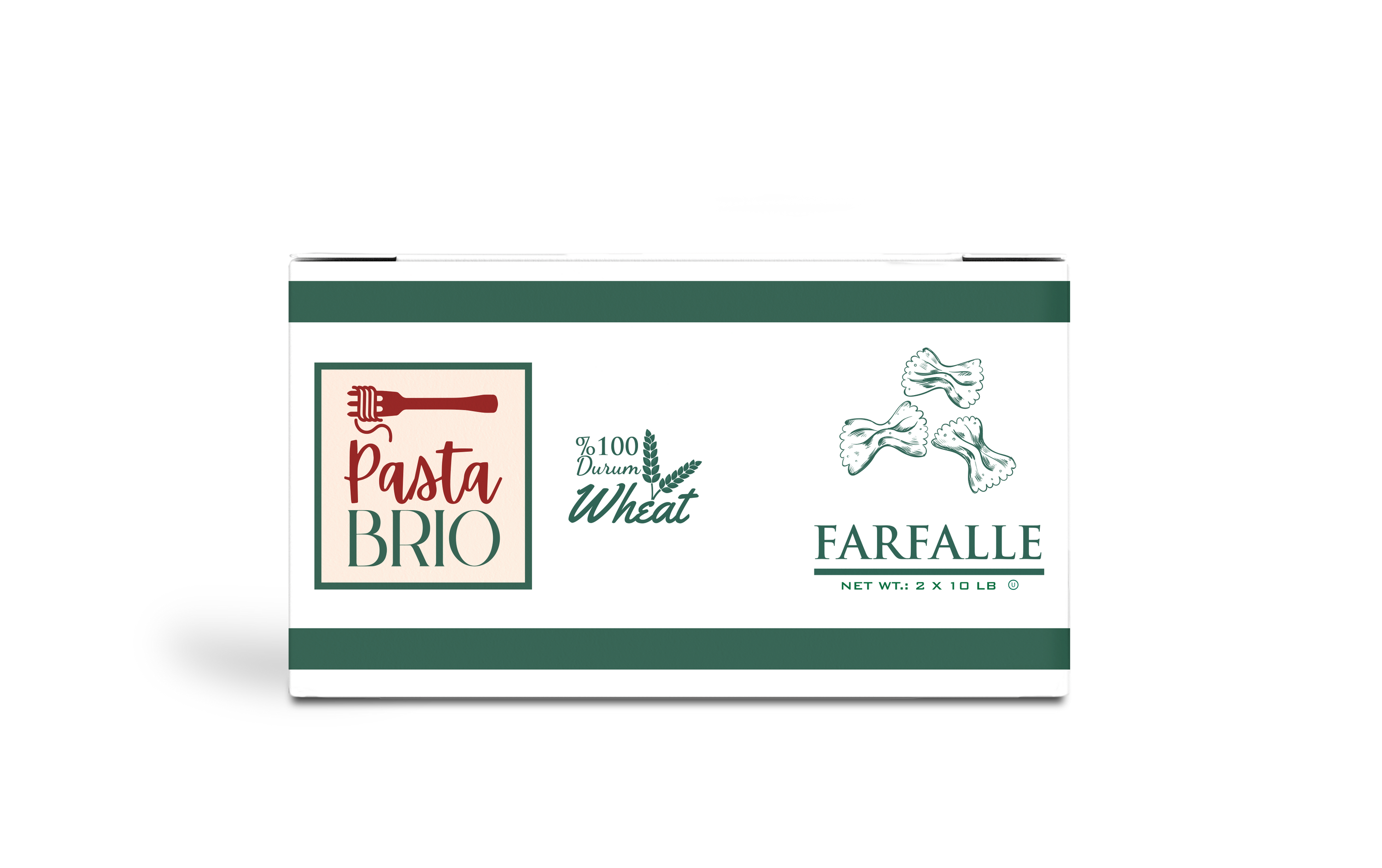 A 20 lb package of PastaBRIO Durum Wheat Farfalle pasta, showcasing its unique butterfly shape and high-quality texture.