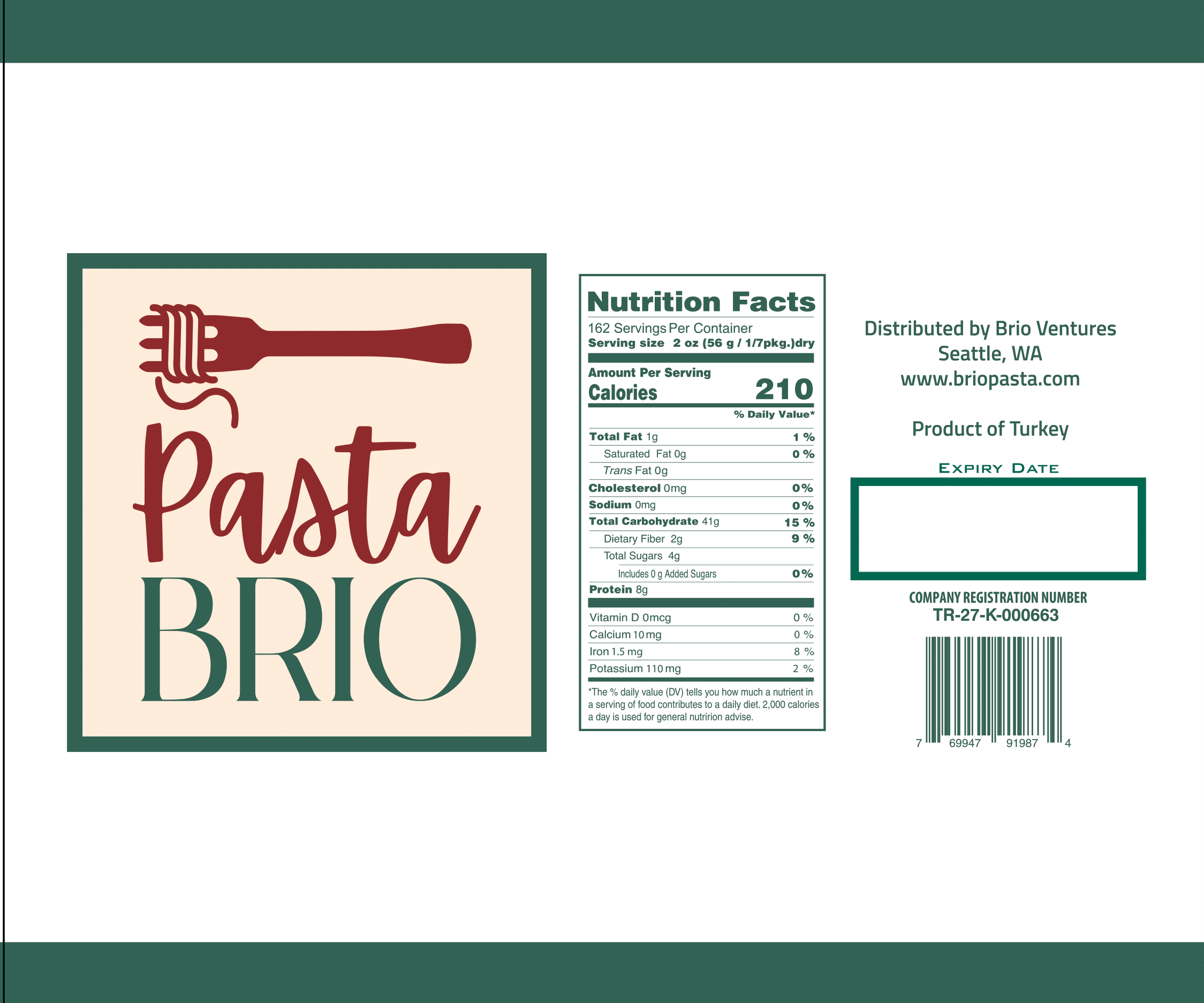 A 20 lb package of PastaBRIO Durum Wheat Farfalle pasta, showcasing its unique butterfly shape and high-quality texture.