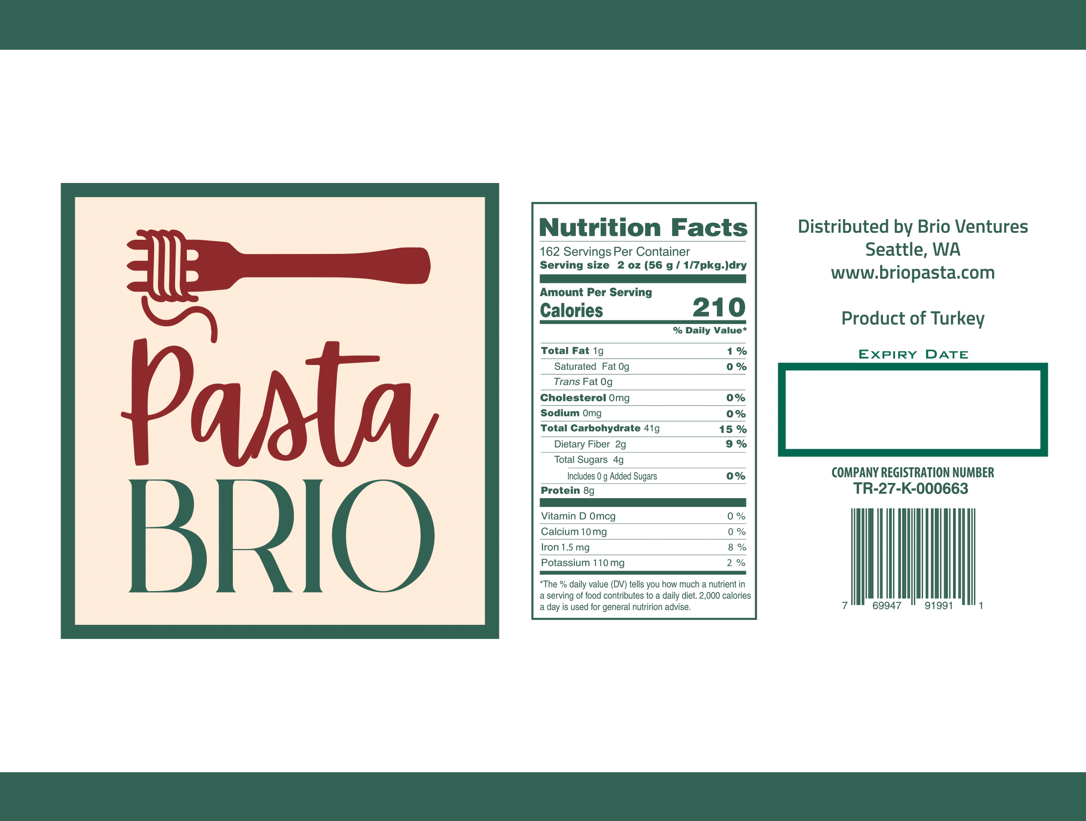 A 20 lb package of PastaBRIO Durum Wheat Rotini pasta, showcasing its spiral shape and high-quality texture.