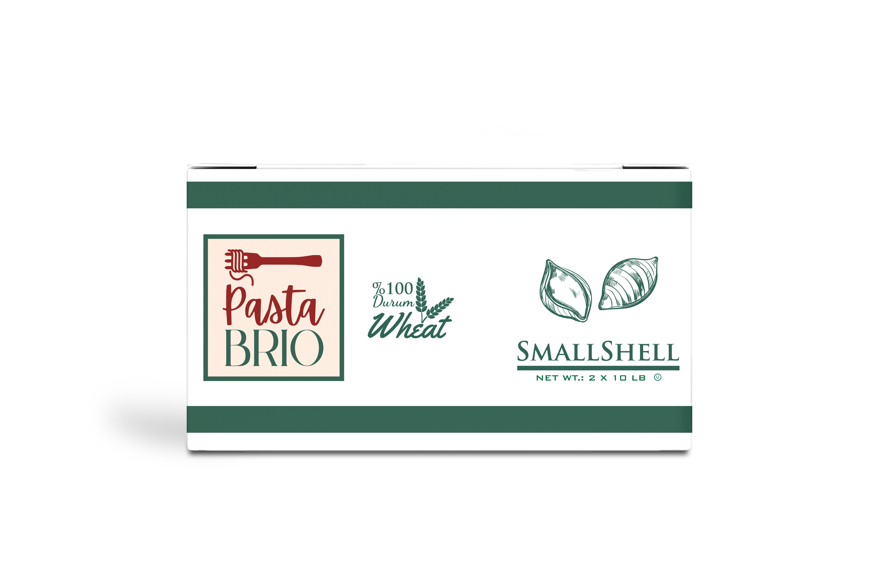 PastaBRIO Small Shell Durum Wheat Pasta in a 20 lb package, showcasing its high quality and texture.