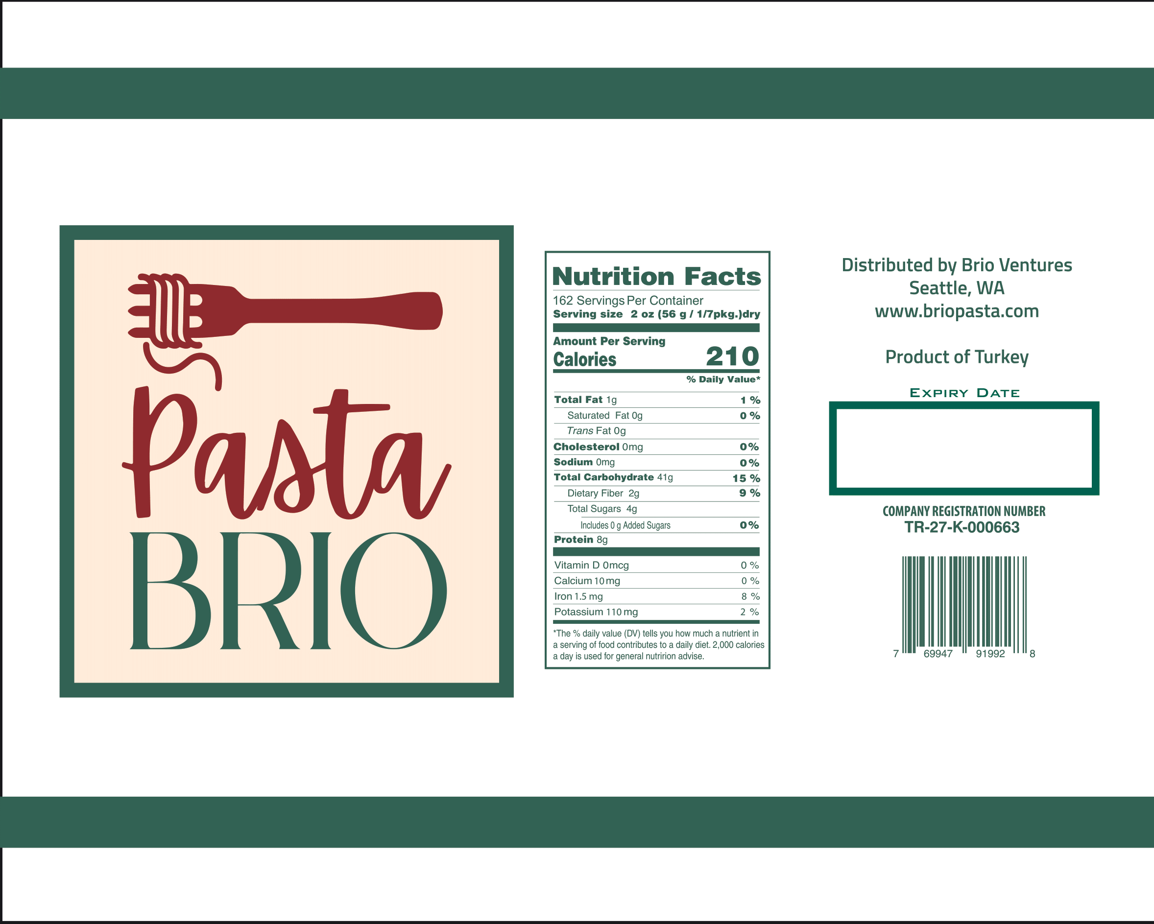 PastaBRIO Small Shell Durum Wheat Pasta in a 20 lb package, showcasing its high quality and texture.