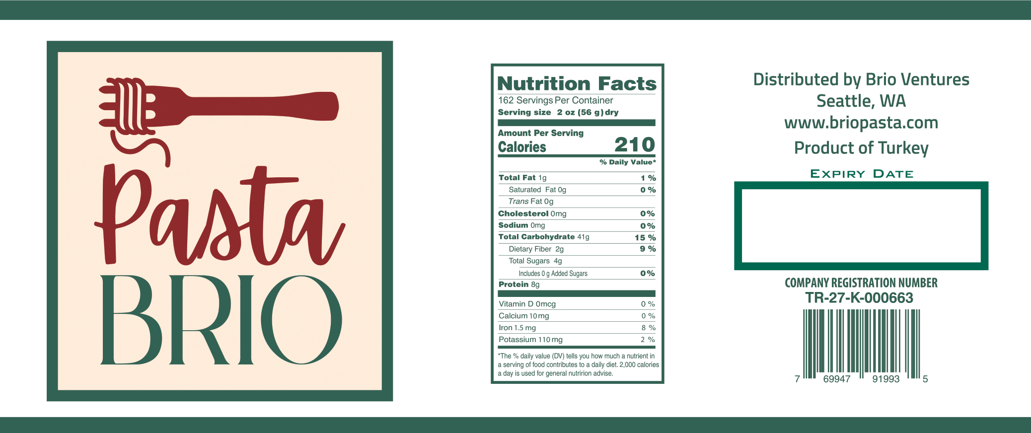 A 20 lb package of PastaBRIO Durum Wheat Spaghetti, showcasing its premium quality and packaging design.