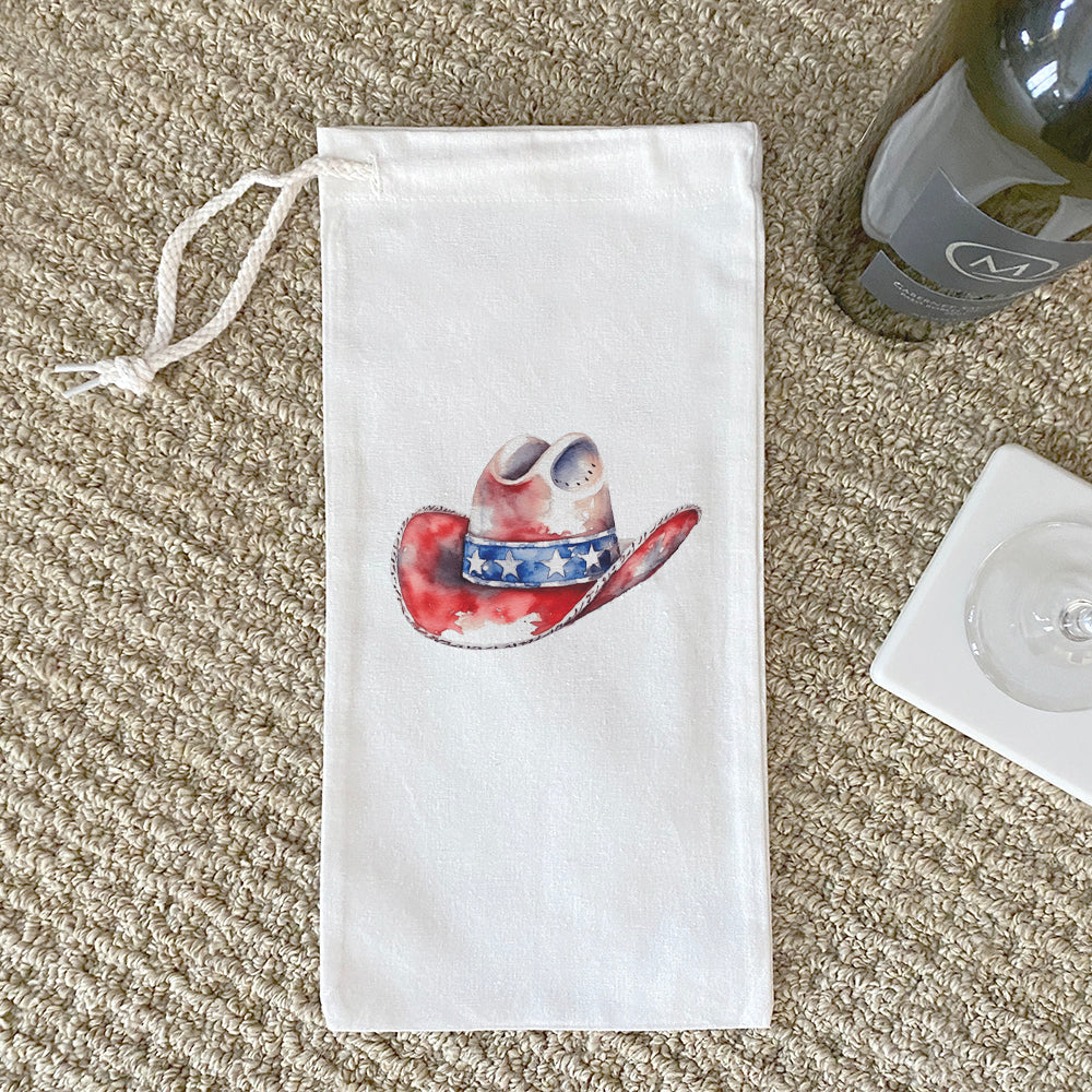 Patriotic Cowboy Hat canvas wine bag with drawstring closure, designed for 750mL bottles, featuring a stylish patriotic theme.