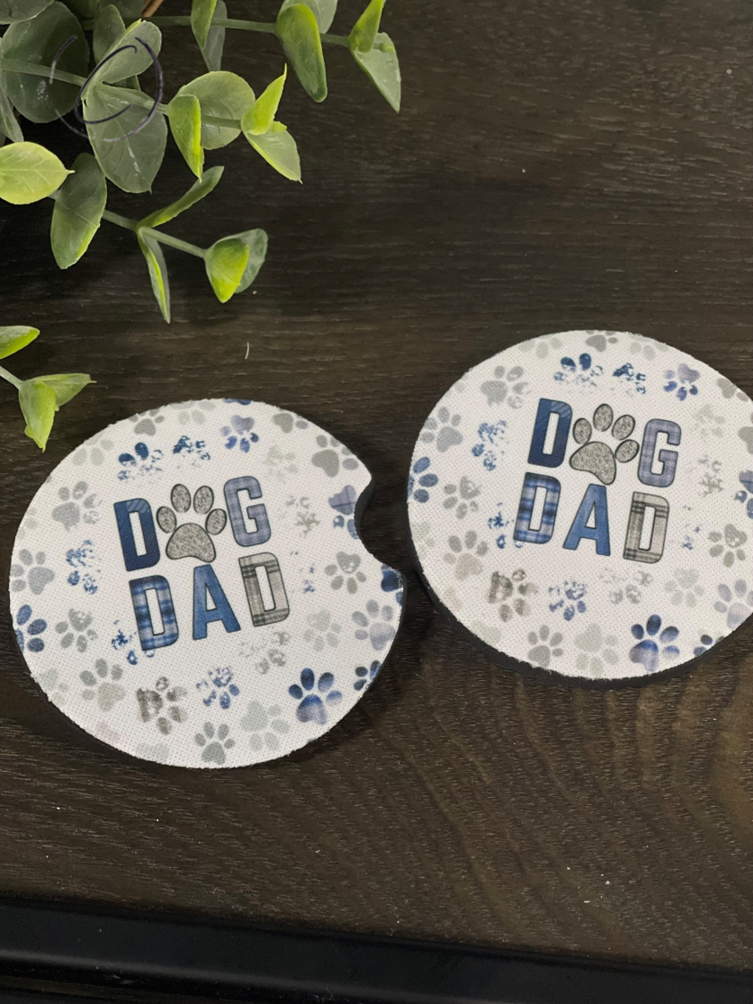 Paw Print Dog Dad car coaster set featuring durable neoprene material and a stylish paw print design.