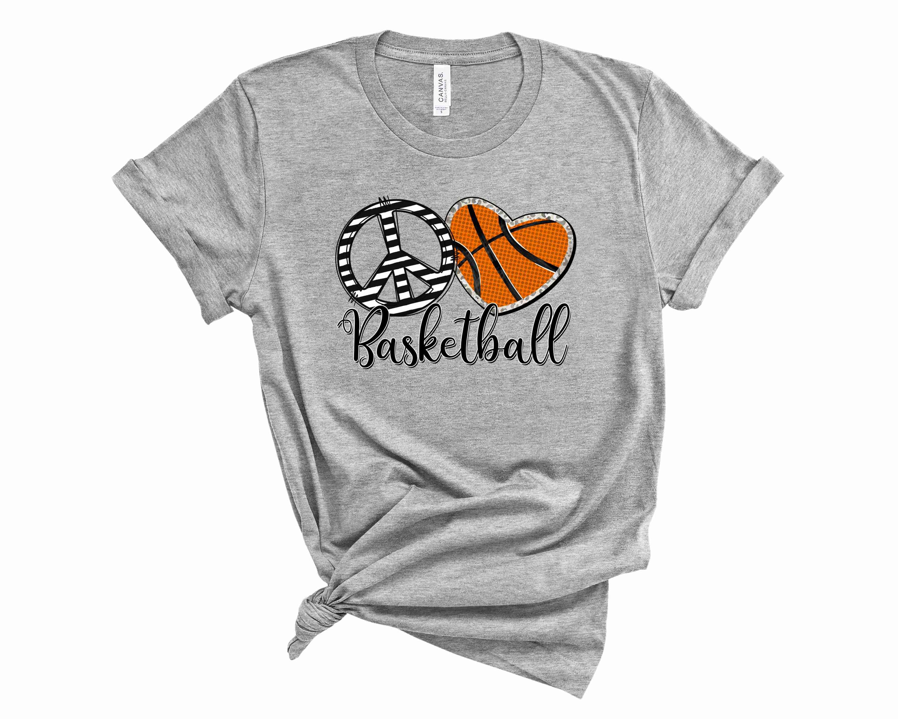 A unisex graphic tee featuring the words Peace Love Basketball in a stylish design, perfect for basketball enthusiasts.