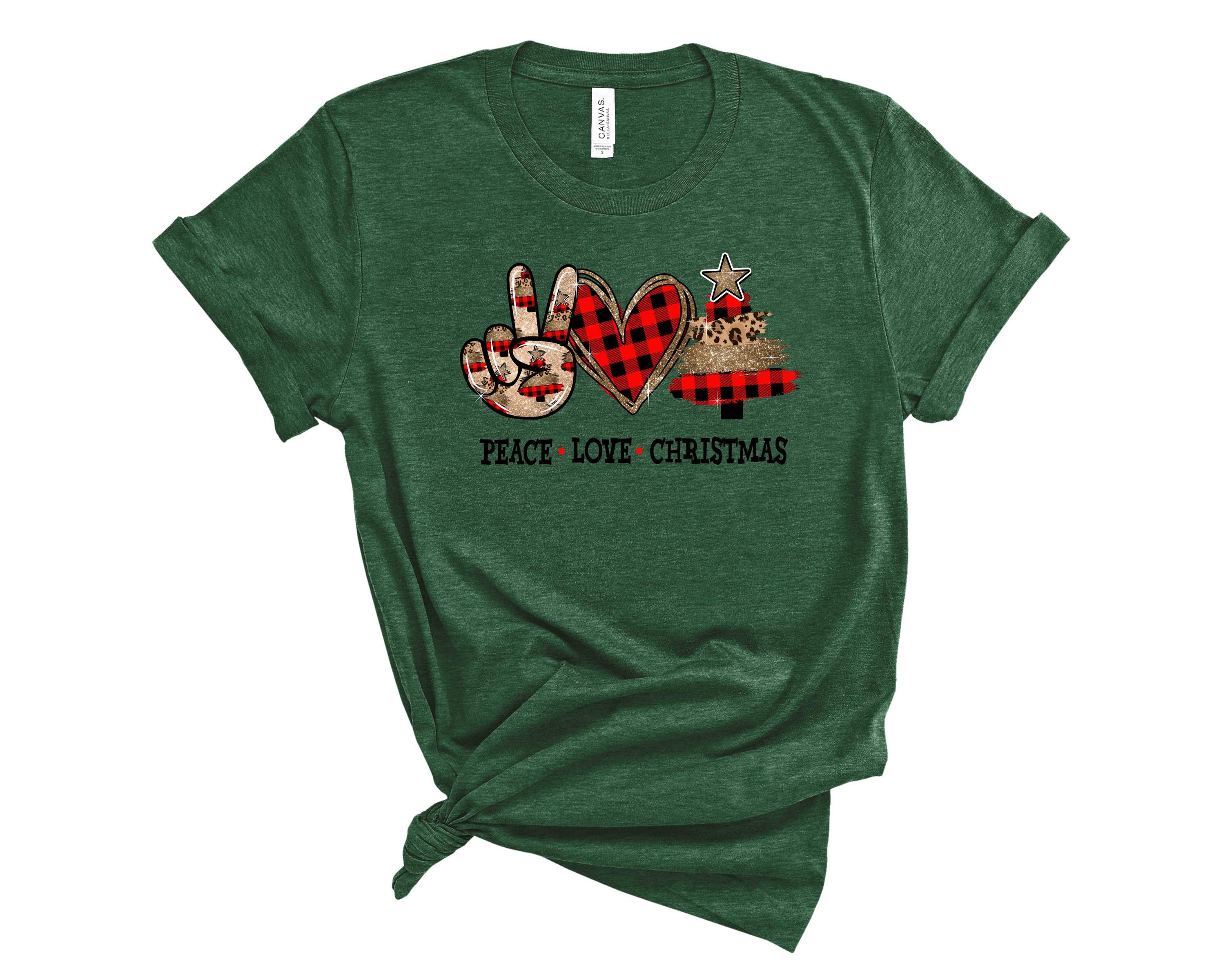 A unisex graphic tee featuring a festive plaid design with the text 'Peace Love Christmas' in vibrant colors.