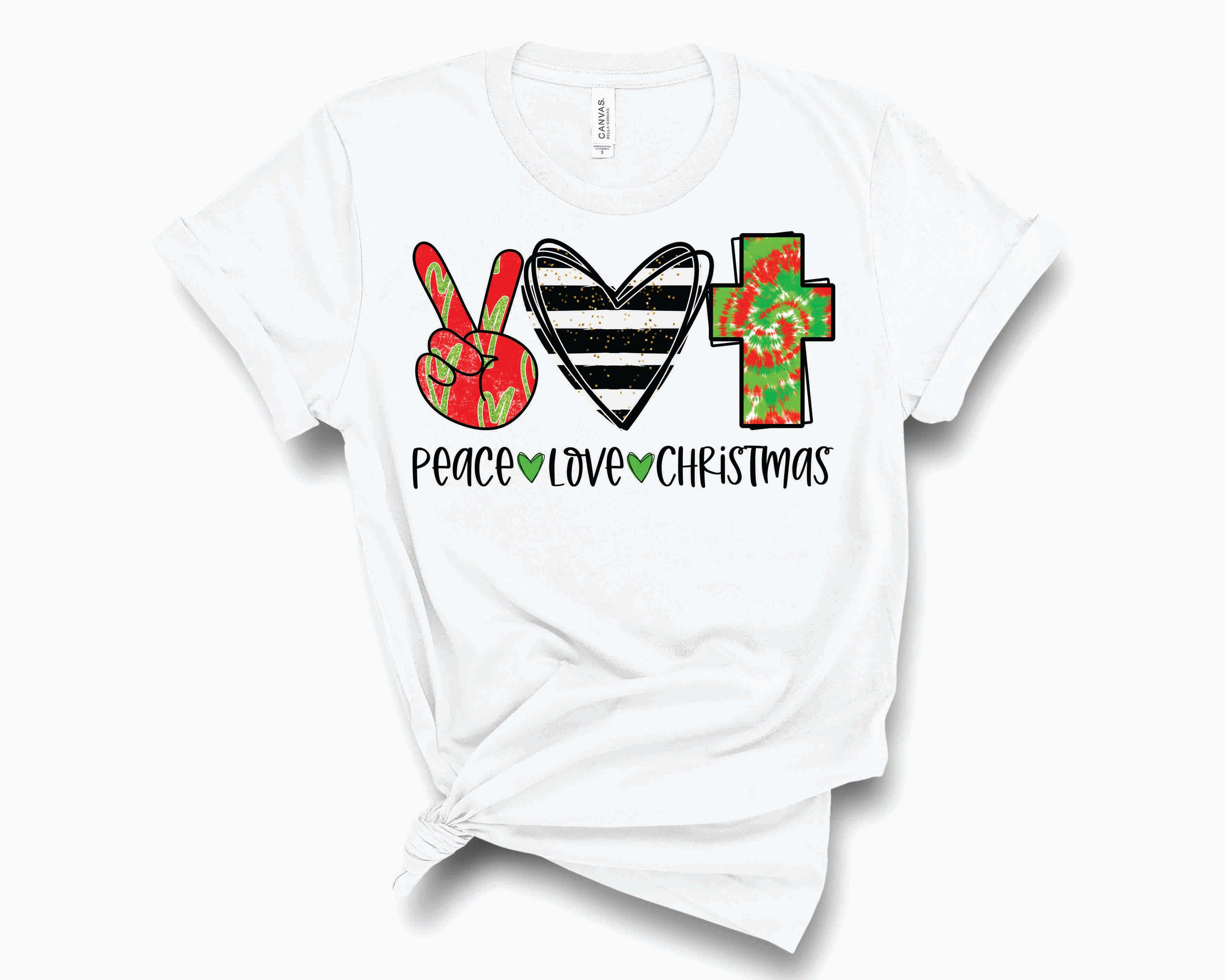 A vibrant tie-dye t-shirt featuring a Christmas graphic with the words 'Peace Love Christmas' in colorful stripes.