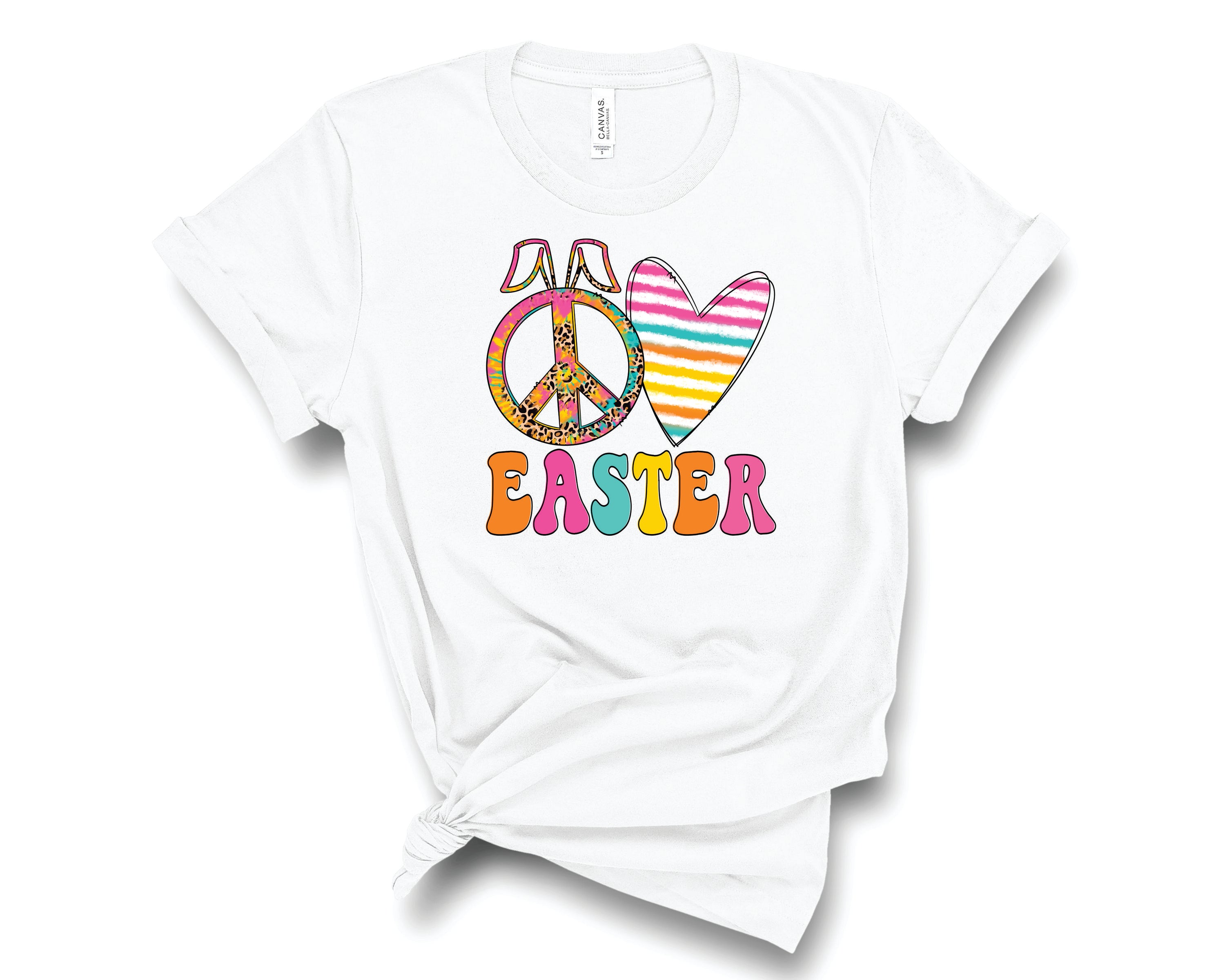 Colorful unisex graphic tee featuring Easter-themed design with peace and love symbols.