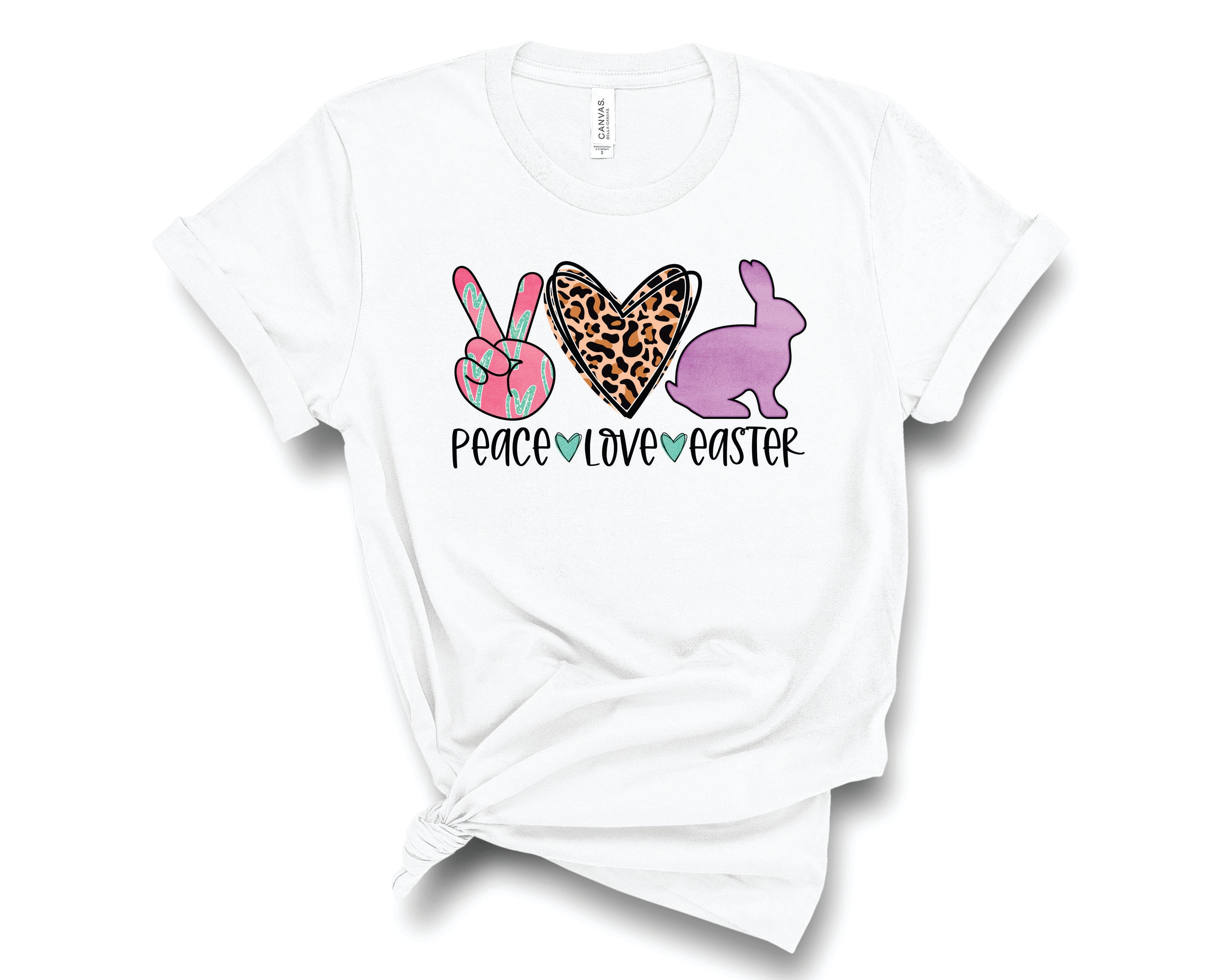 A stylish unisex graphic tee featuring a pastel leopard print design with the words 'Peace Love Easter' in vibrant colors.