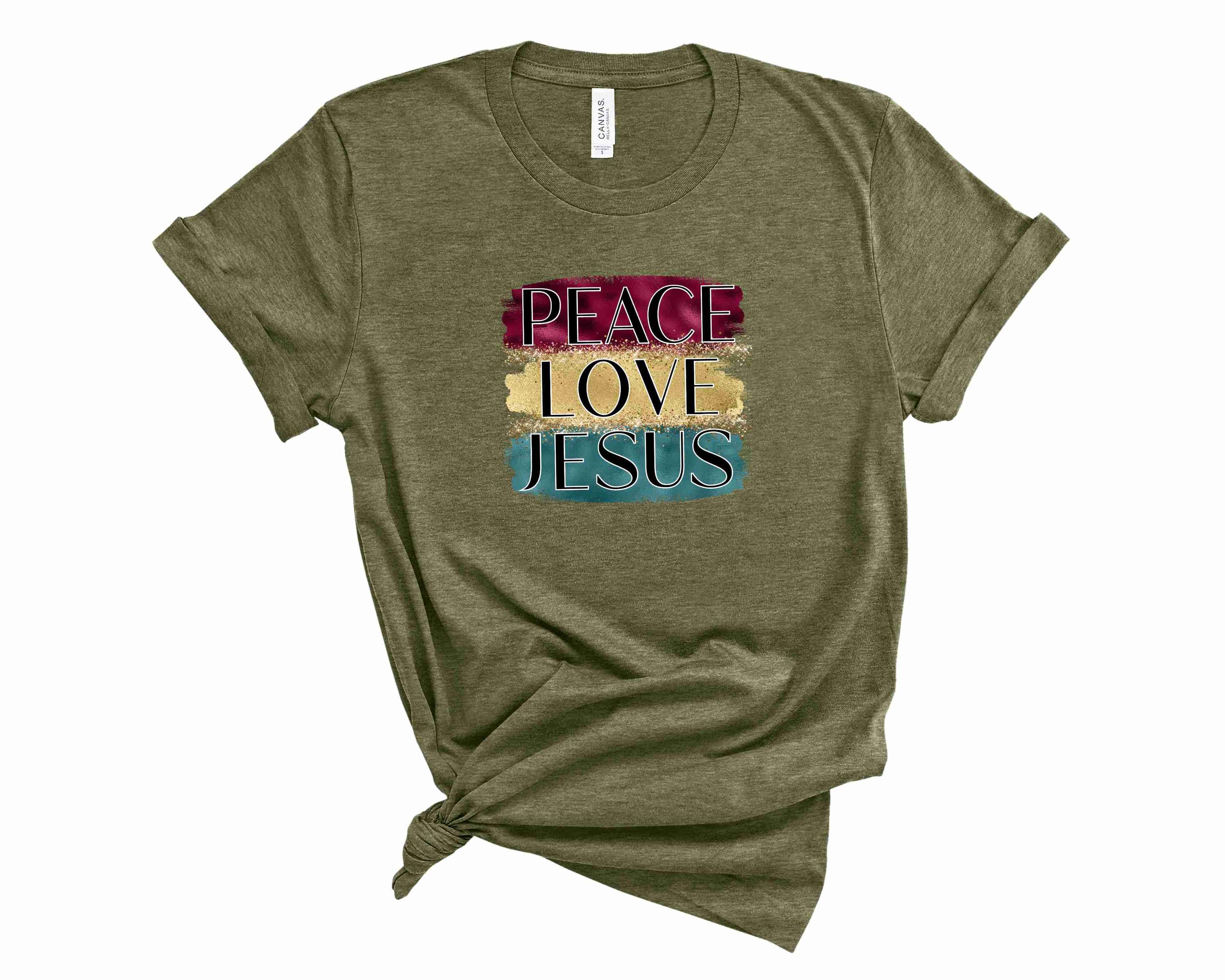 A unisex graphic t-shirt featuring the text 'Peace Love Jesus' in a stylish design, perfect for casual wear.