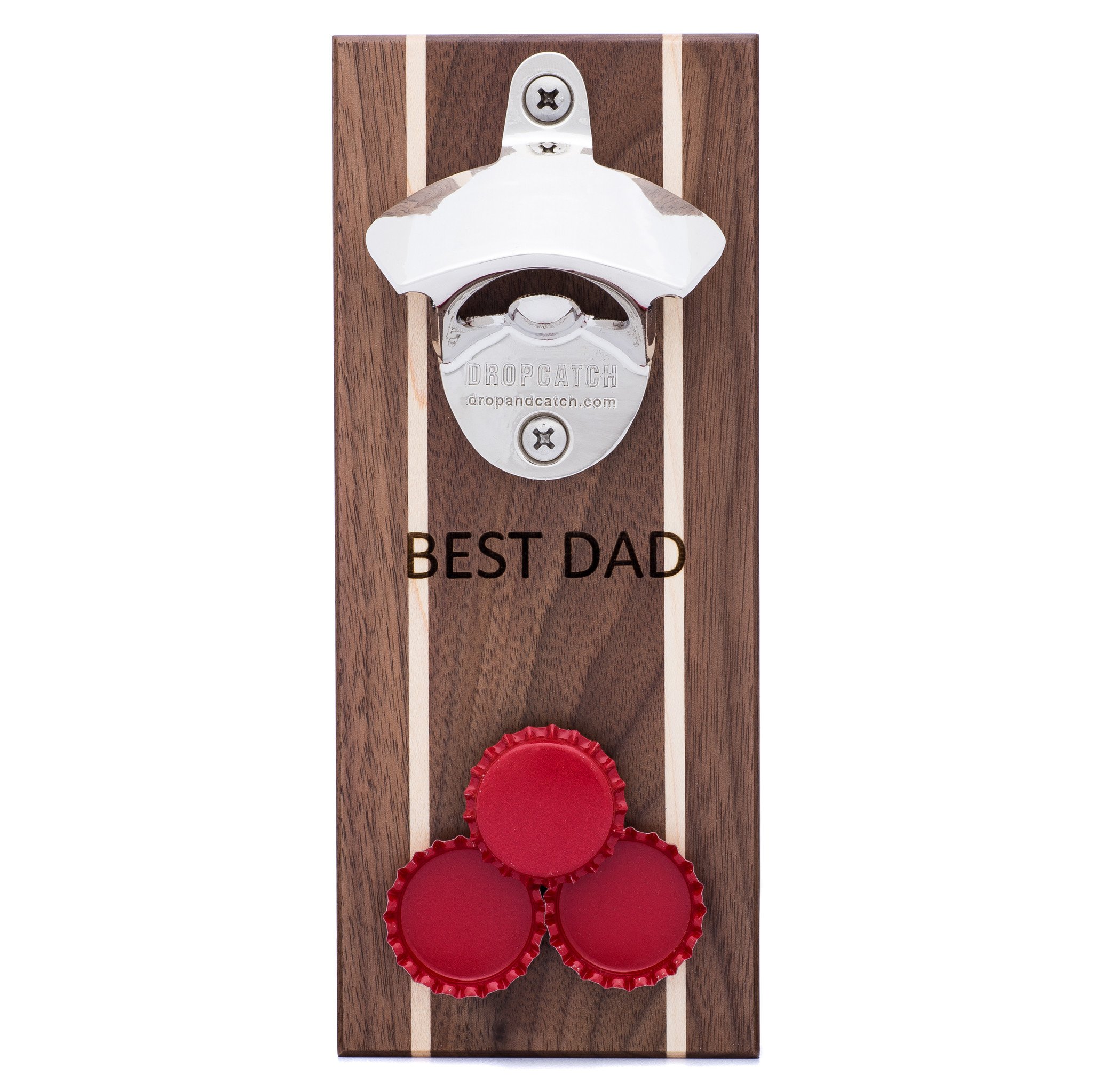 Handcrafted Pilsner Bottle Opener made from quartersawn walnut wood with maple inlays, featuring a magnetic and wall mounting option.