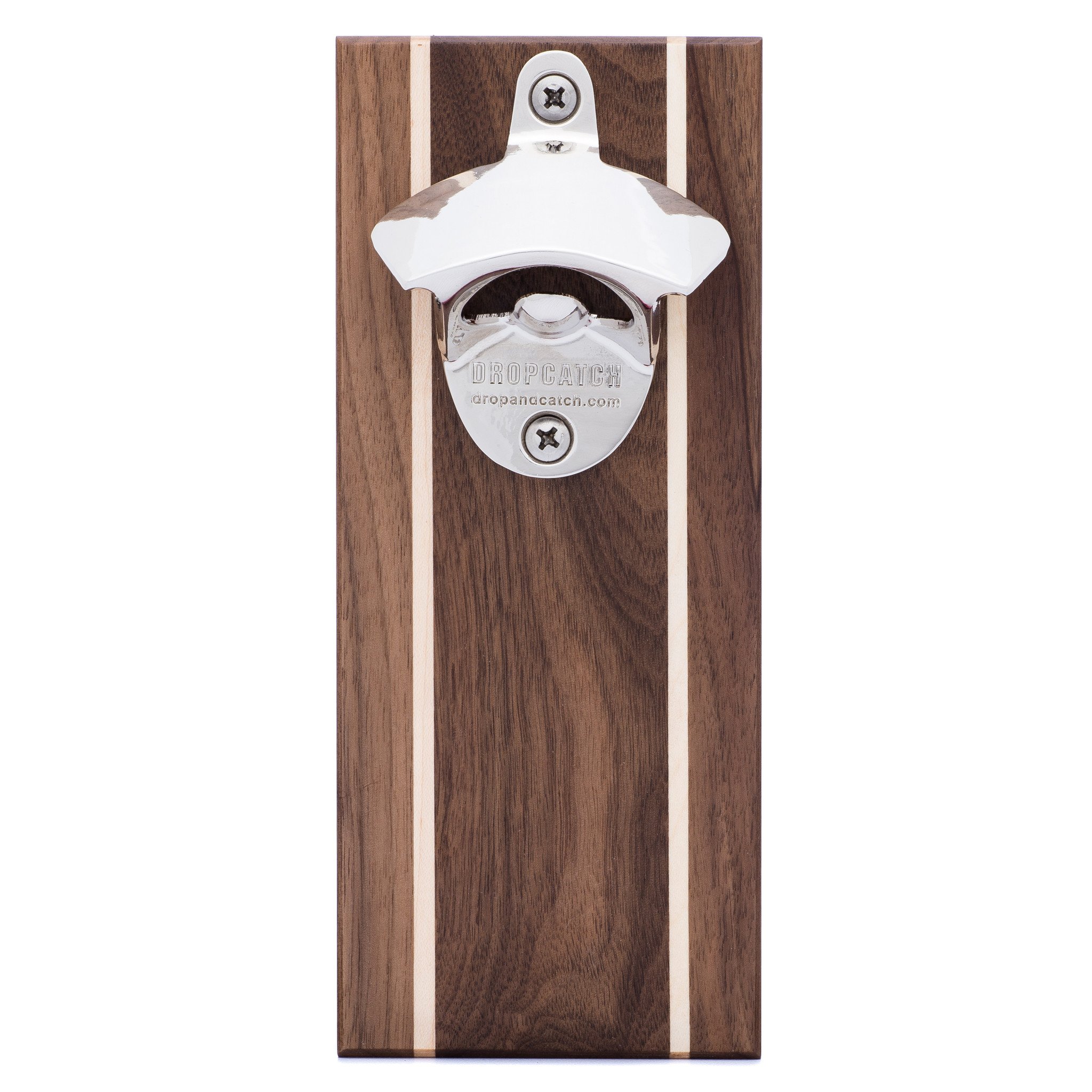 Handcrafted Pilsner Bottle Opener made from quartersawn walnut wood with maple inlays, featuring a magnetic and wall mounting option.