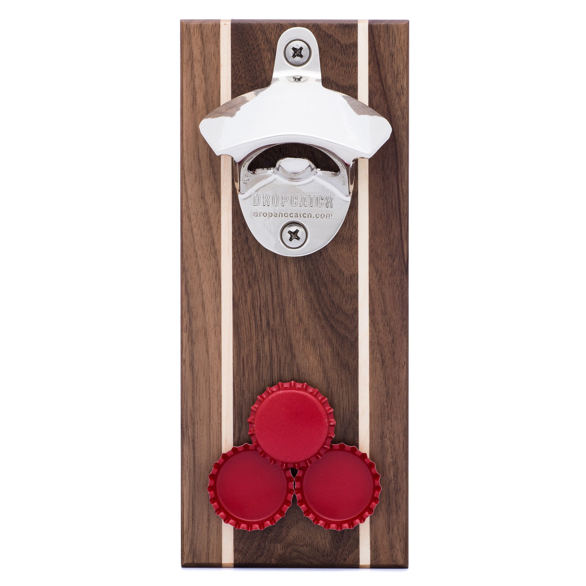 Handcrafted Pilsner Bottle Opener made from quartersawn walnut wood with maple inlays, featuring a magnetic and wall mounting option.