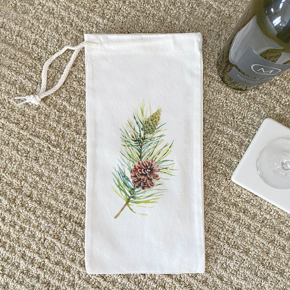 Pine Branch Canvas Wine Bag featuring a stylish pine branch design, made from 100% cotton canvas with a drawstring closure.