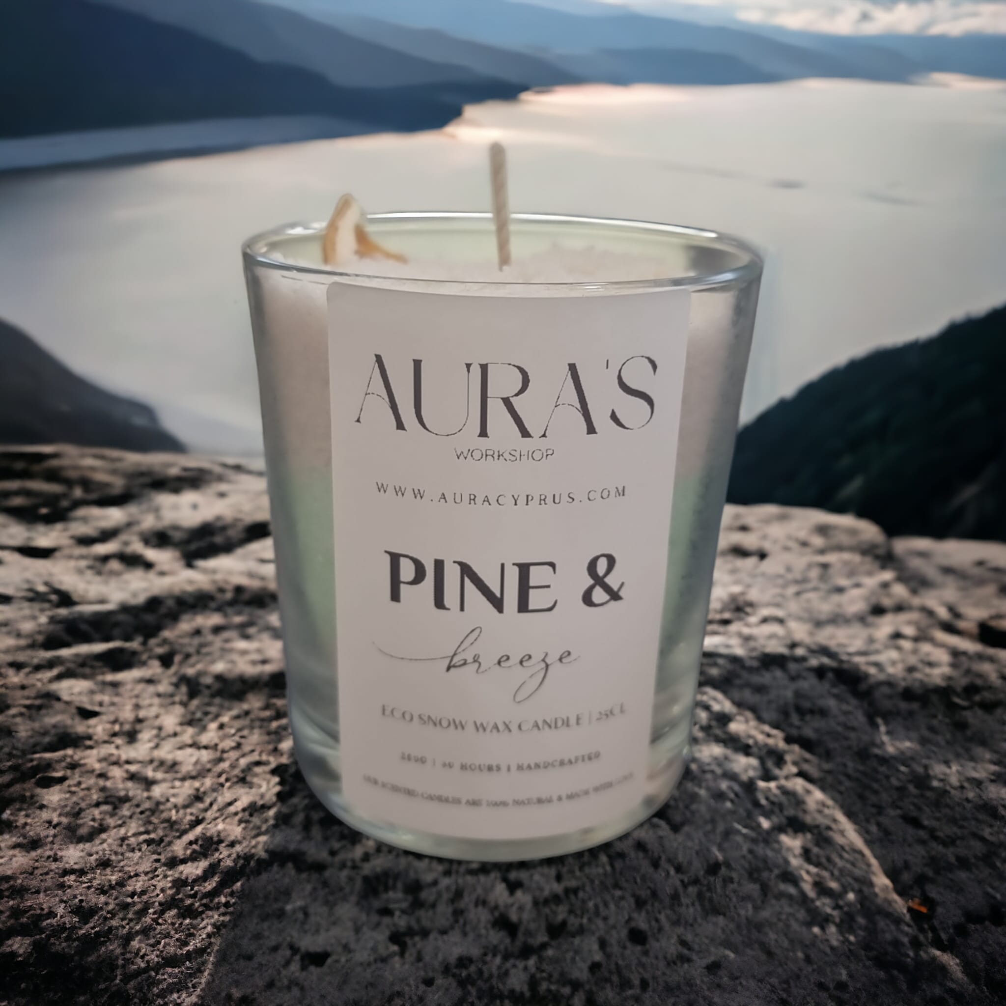 Pine & Breeze Eco Snow Wax Candle in a clear glass jar, showcasing its elegant design and eco-friendly snow-white wax.