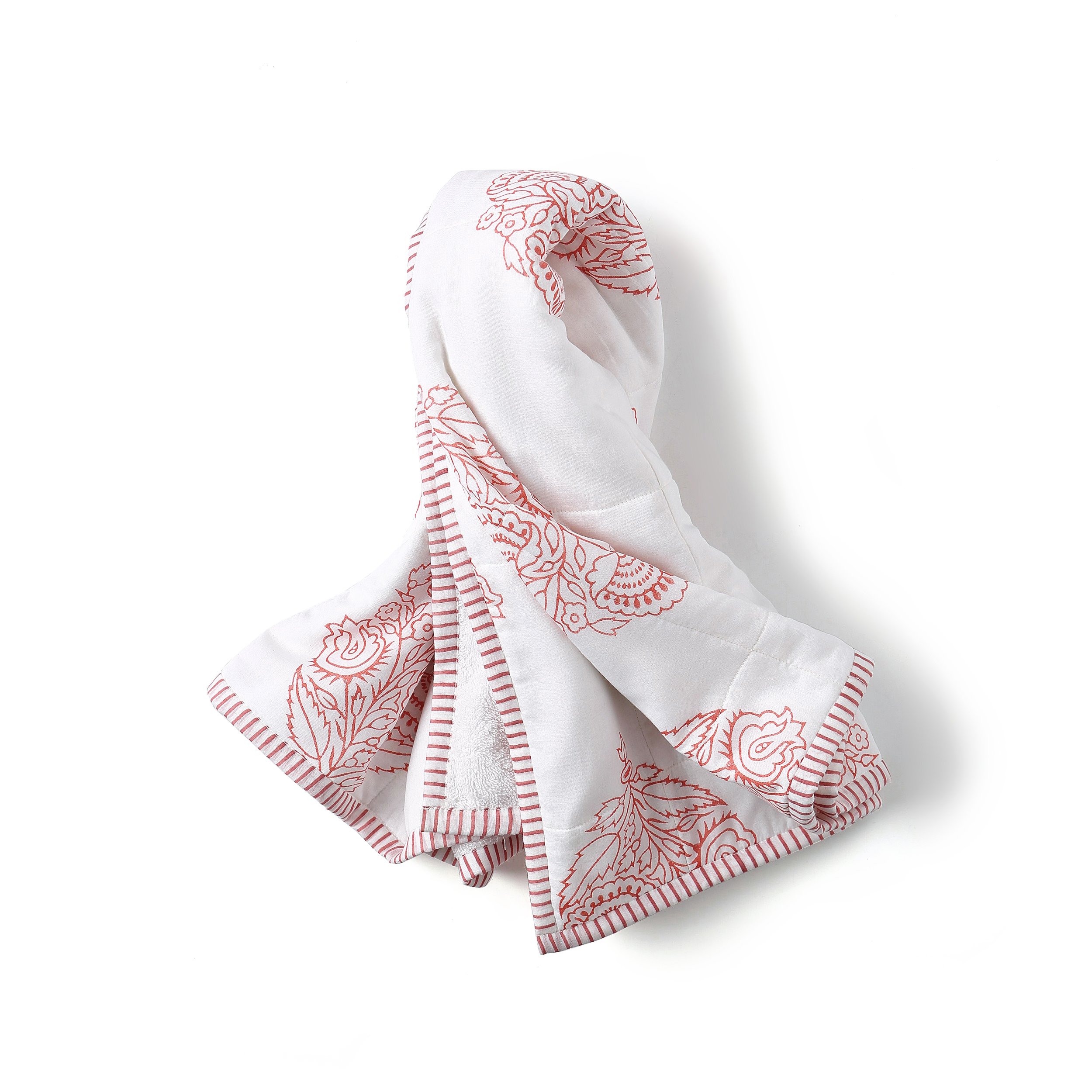A beautifully crafted PINK CITY TOWEL featuring hand-printed floral motifs in rose hues, showcasing its unique design and soft cotton texture.