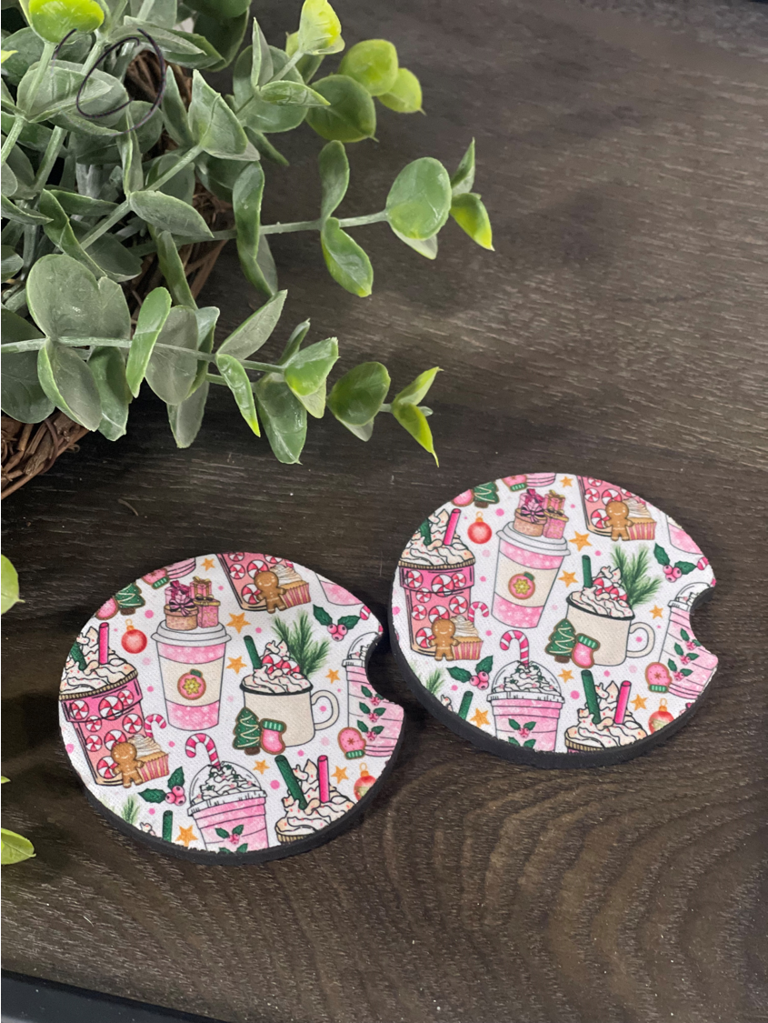 A set of two Pink Peppermint Christmas car coasters made of durable neoprene, featuring a festive peppermint design.