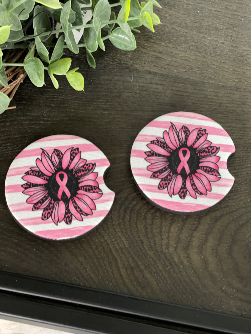 Pink Ribbon Sunflower Neoprene Car Coaster Set featuring vibrant sunflower design and durable neoprene material.