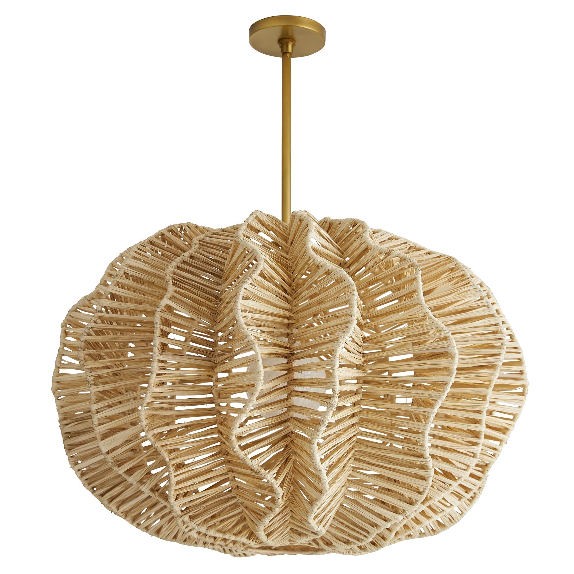 Pismo Chandelier featuring hand-woven raffia and antique brass accents, showcasing its unique barrel shape.