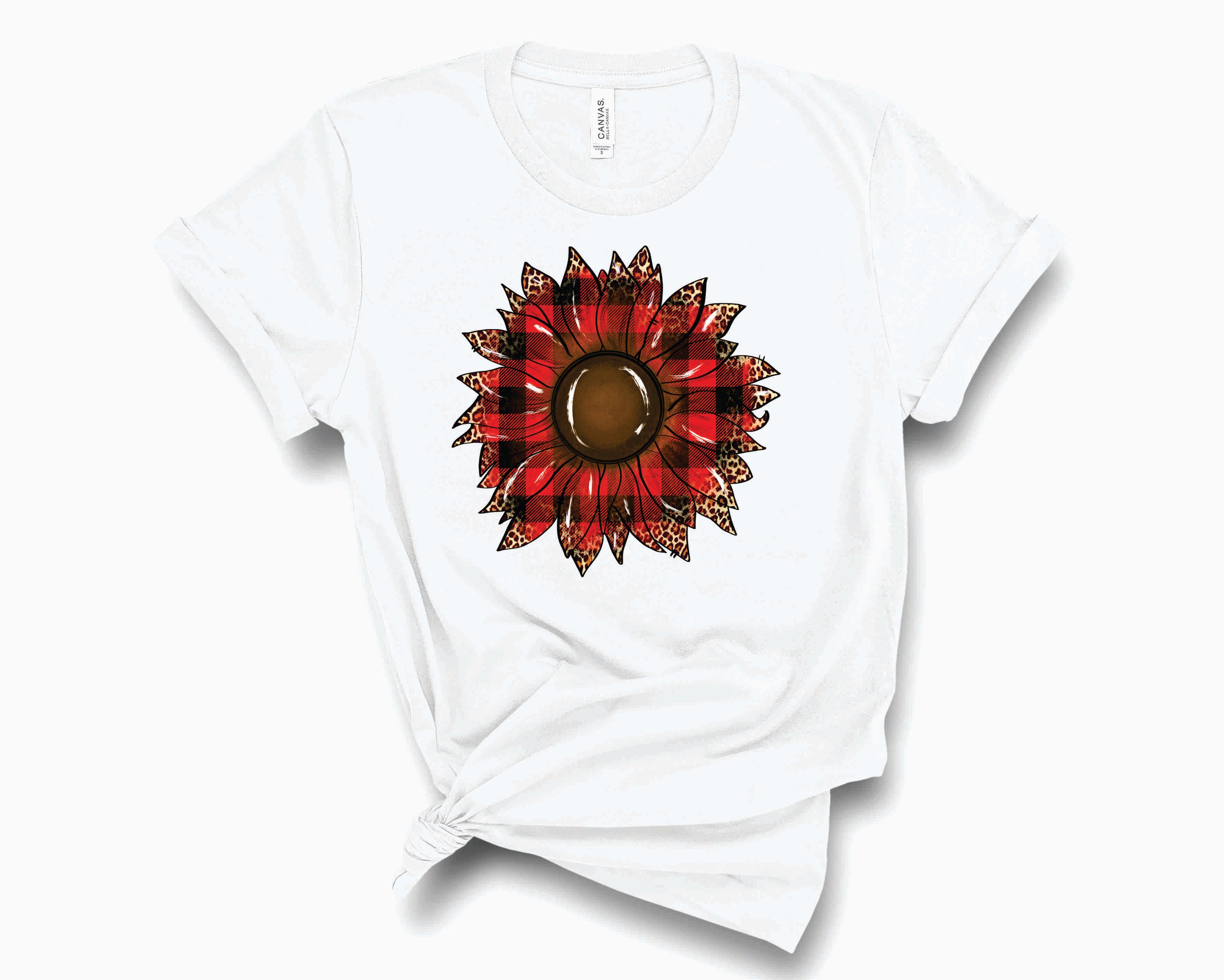 A stylish unisex graphic tee featuring a plaid and leopard print design with a sunflower motif, perfect for casual wear.
