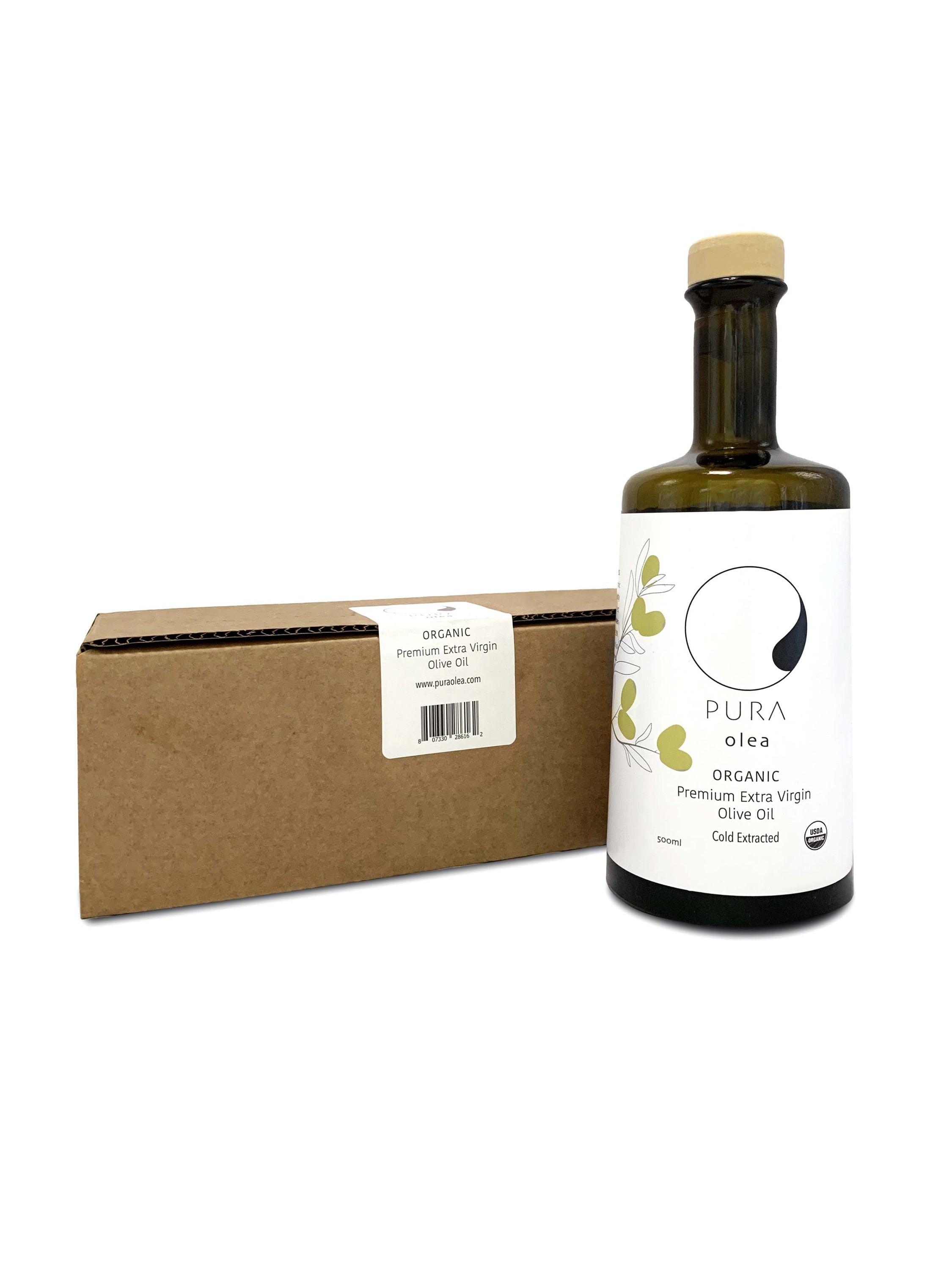 A case pack of 24 bottles of PREMIUM Organic Extra Virgin Olive Oil, showcasing elegant packaging and rich golden oil.