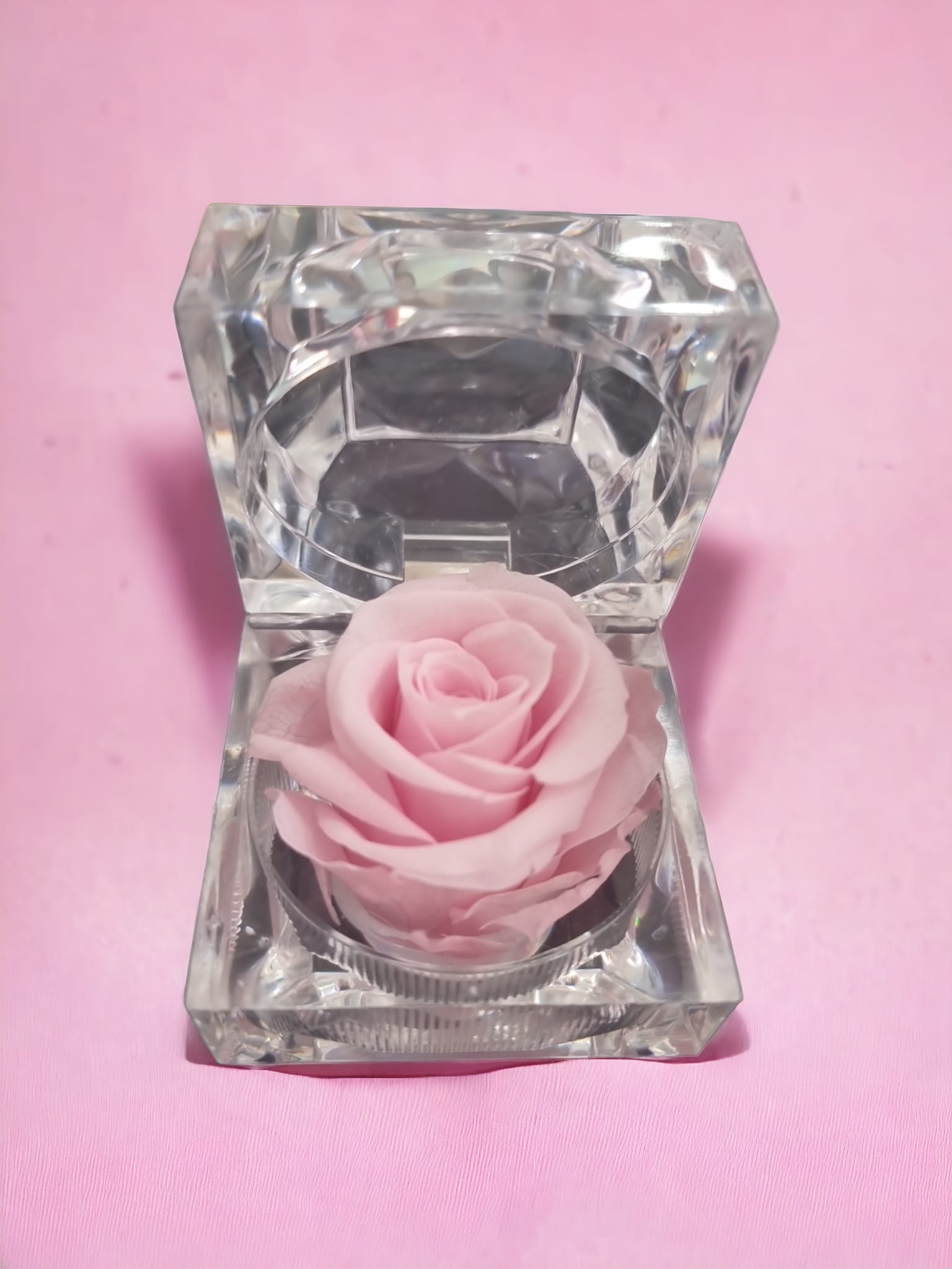 A beautifully preserved pink rose displayed in a clear glass acrylic box, symbolizing love and elegance.
