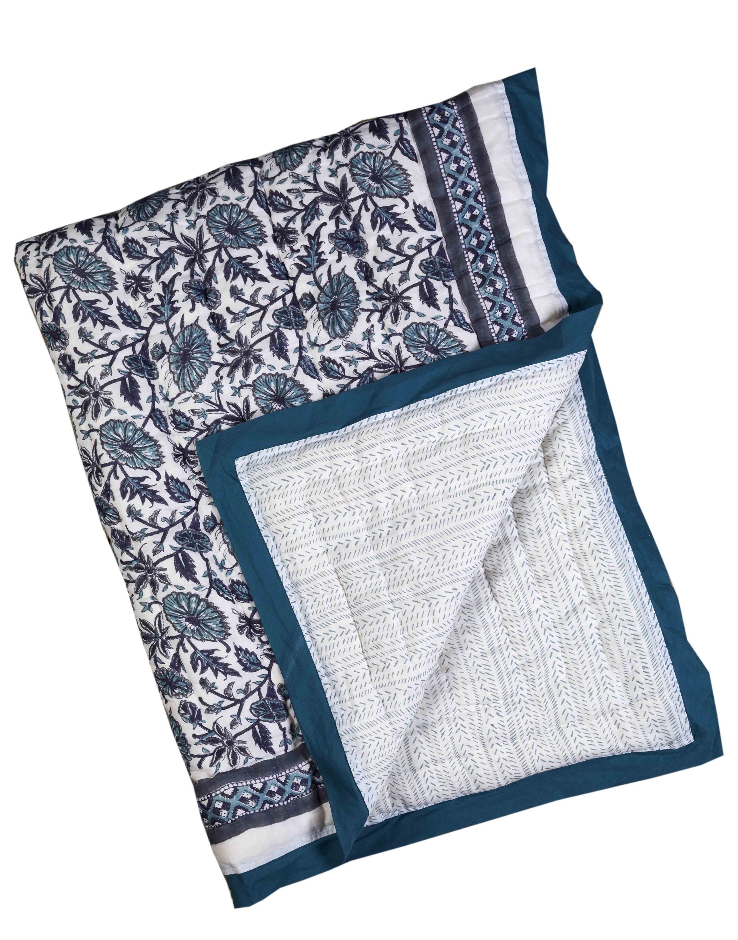 Provence Blue Cotton Quilt featuring intricate hand-stitched designs and a soft, luxurious texture, perfect for any bedroom decor.