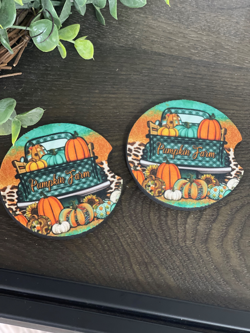 Pumpkin Farm Truck Neoprene Car Coaster Set featuring a vibrant truck design, perfect for car interiors.