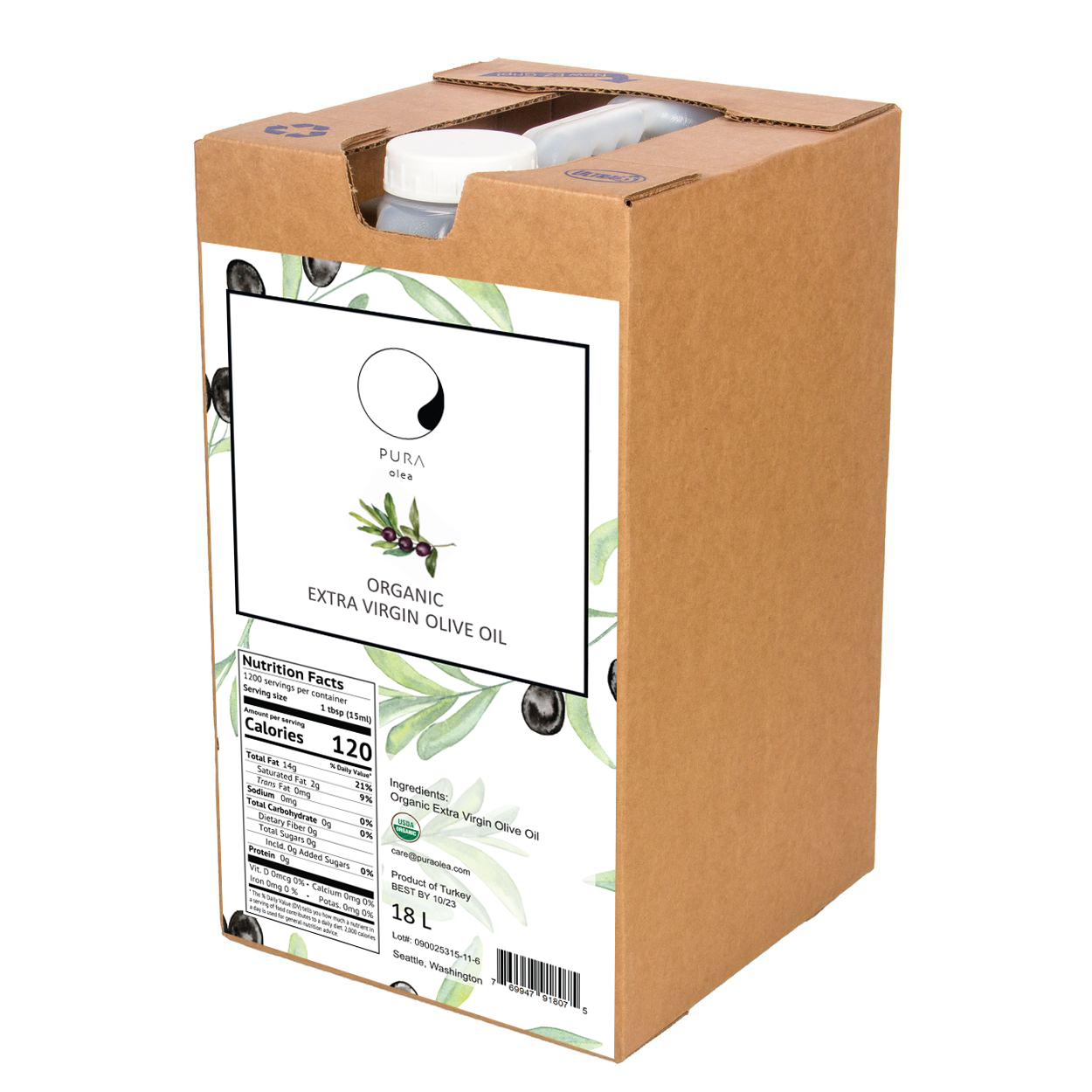 A bottle of PURA olea Premium Organic Extra Virgin Olive Oil, showcasing its rich golden color and elegant label, perfect for culinary use.