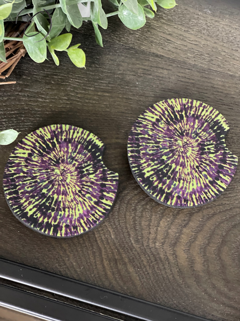 Purple and green tie dye neoprene car coasters, showcasing vibrant colors and a durable design, perfect for cup holders.