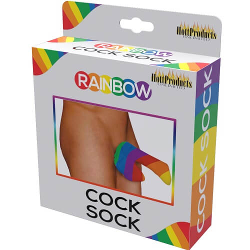 Rainbow-colored novelty cock sock.