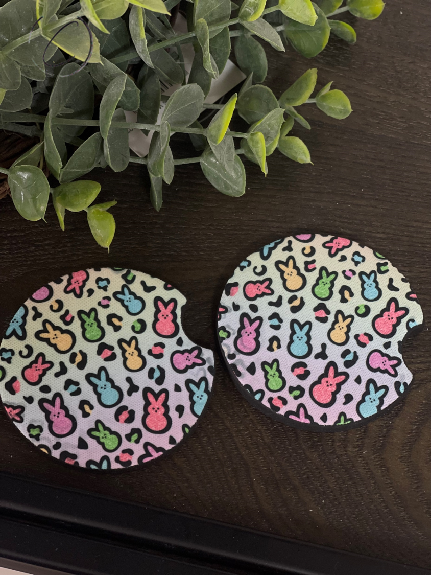 Rainbow Leopard Peeps car coaster set featuring vibrant leopard print design on durable neoprene material.