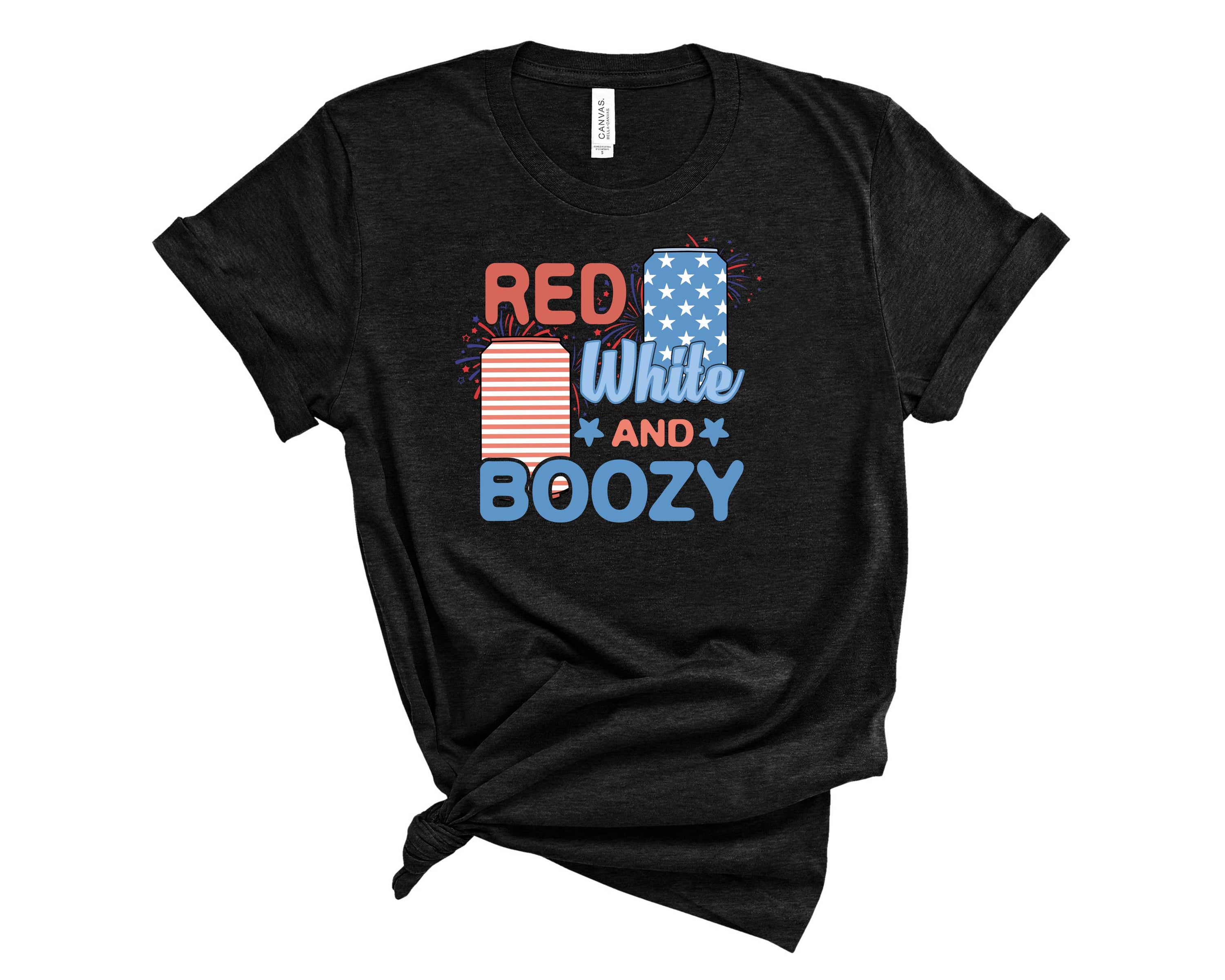 A vibrant Red White & Boozy Graphic Tee featuring a fun design, perfect for summer celebrations.