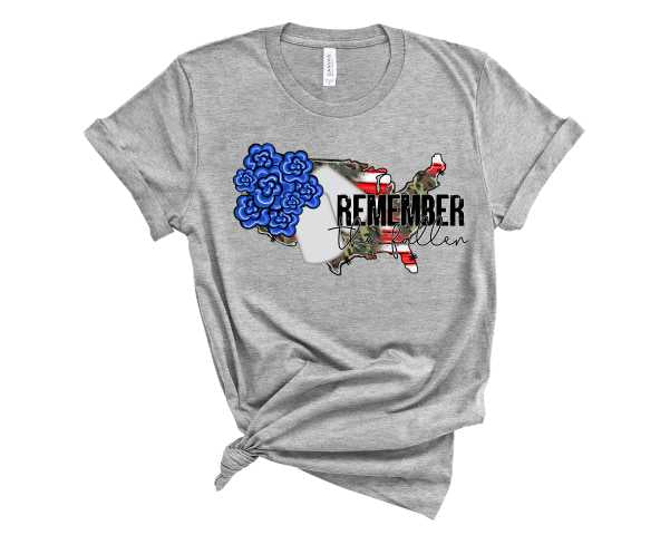 A unisex graphic tee featuring a floral design with the text 'Remember The Fallen Flowers', symbolizing remembrance and appreciation.