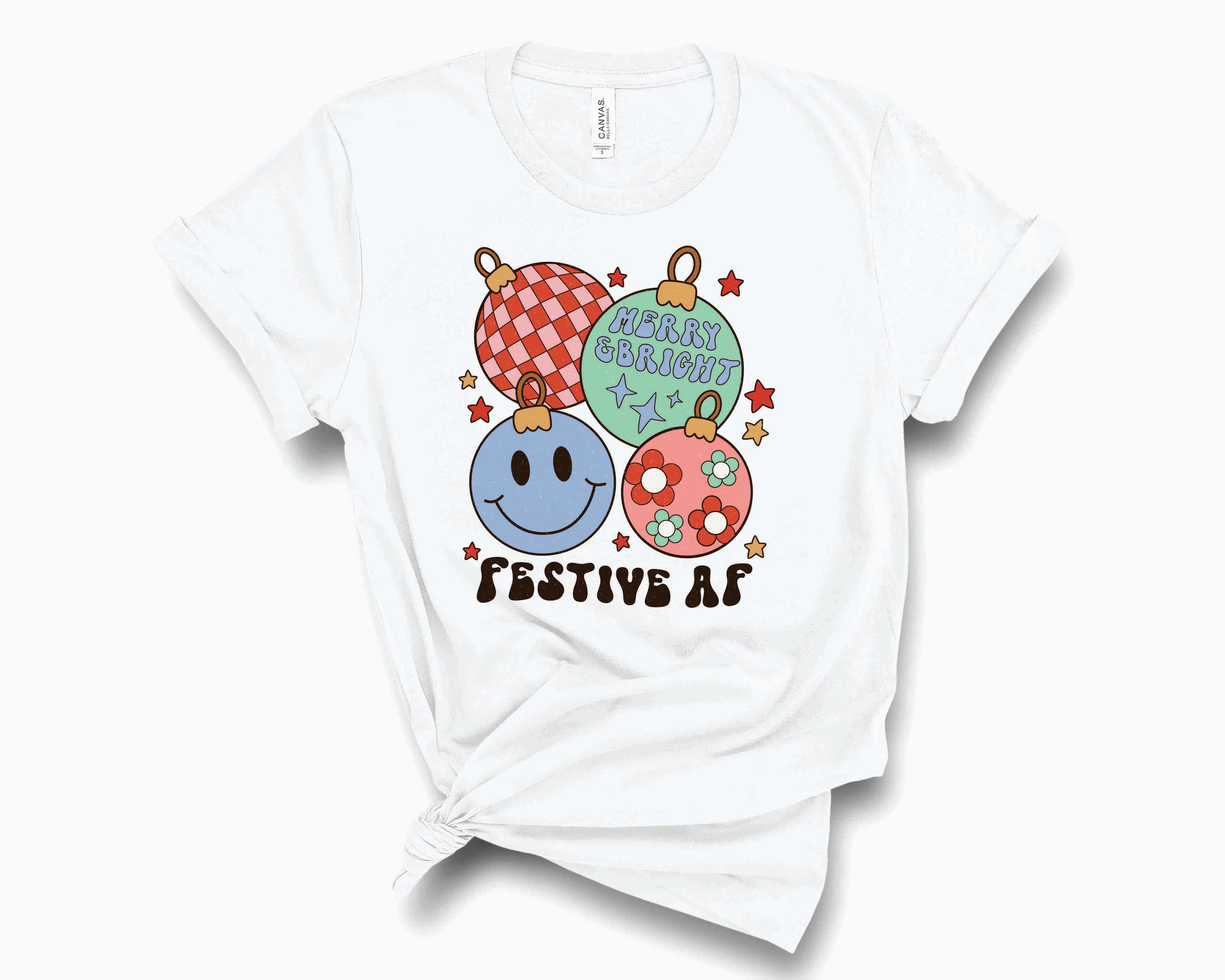 Retro Smiley Festive AF Graphic Tee featuring a vibrant smiley face design on a unisex t-shirt.