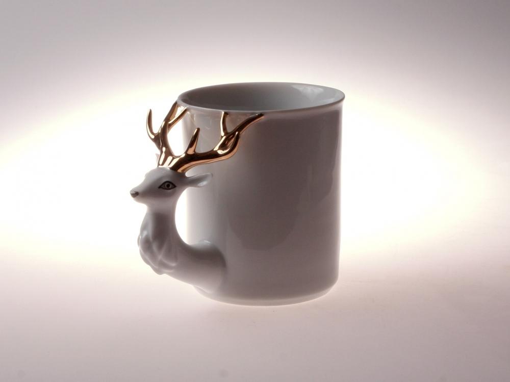 A beautifully hand-painted Retro Style Deer Porcelain Cup featuring black and white stripes, showcasing a charming deer design, perfect for tea or coffee.